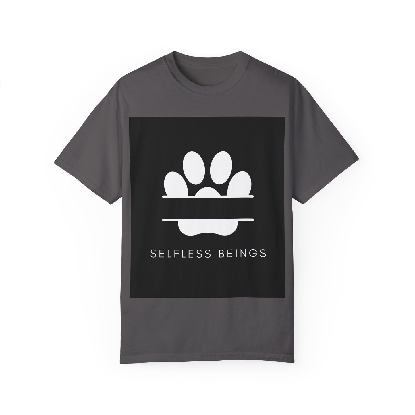 Unisex Dog Lover T-Shirt With Design of Dog's White Paw Print Whose Metacarpal is Split and Caption Selfless Beings