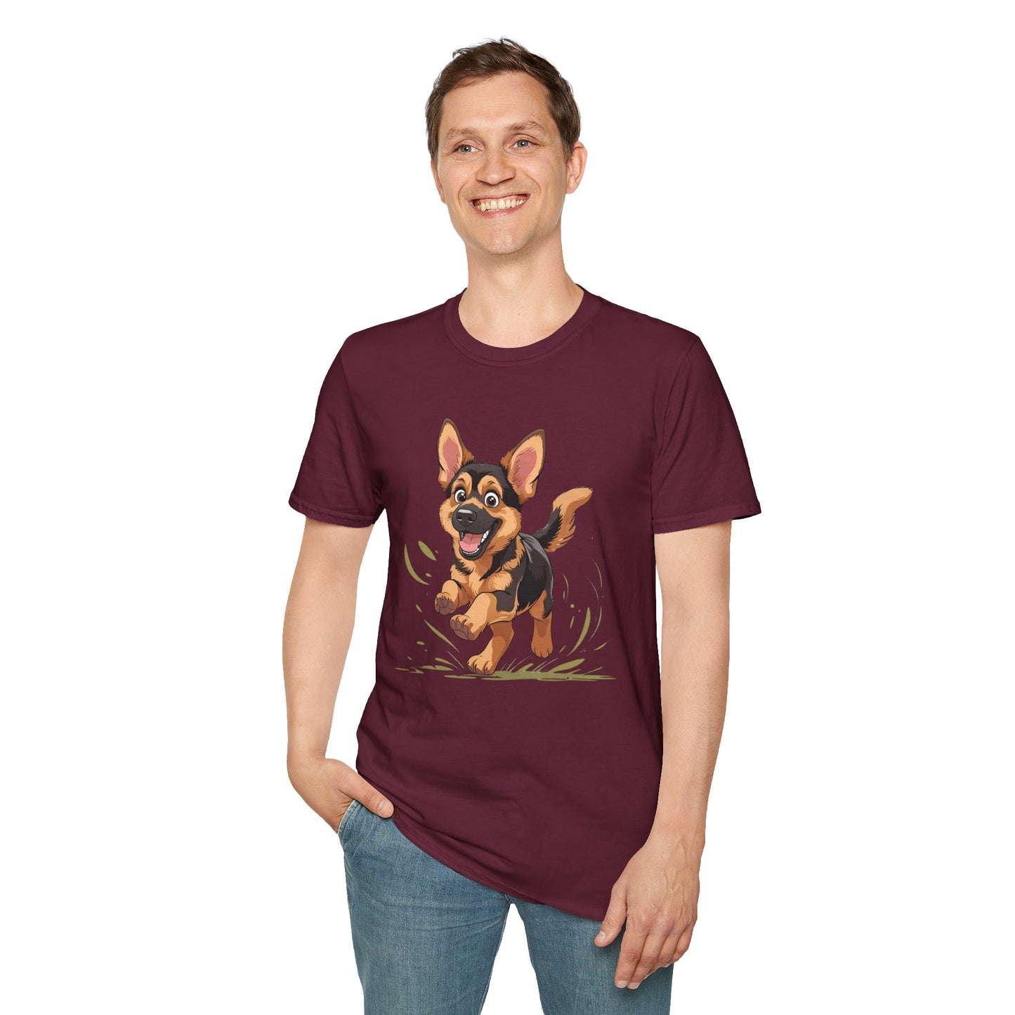Cute Playing Puppy Graphic Unisex Softstyle T-Shirt, Dog Lover Gift, Casual Wear, Animal Theme Shirt, Perfect for Birthdays, Pet Owners