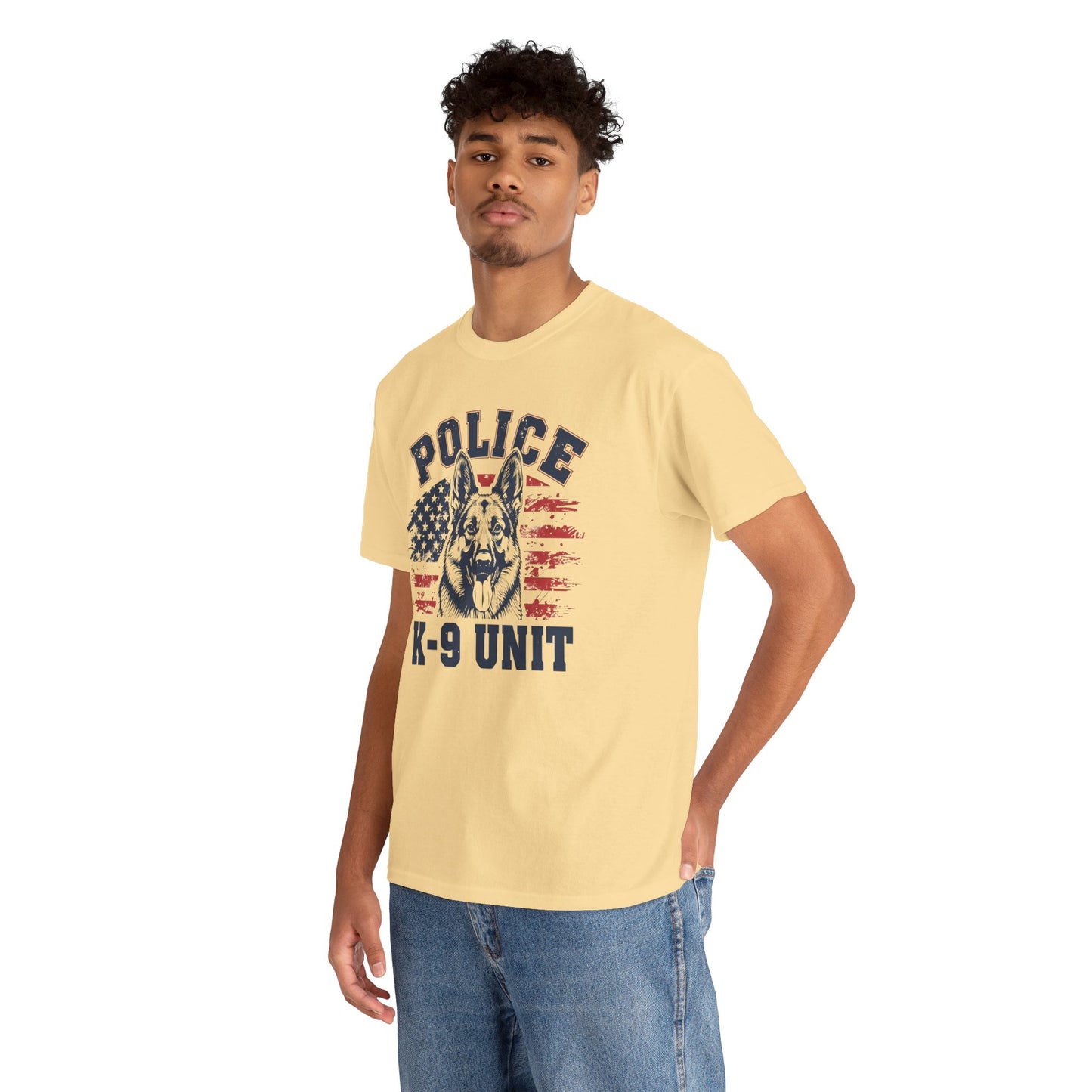 Patriotic Police K-9 Unit T-Shirt With American Flag in Background, Unisex Heavy Cotton Tee
