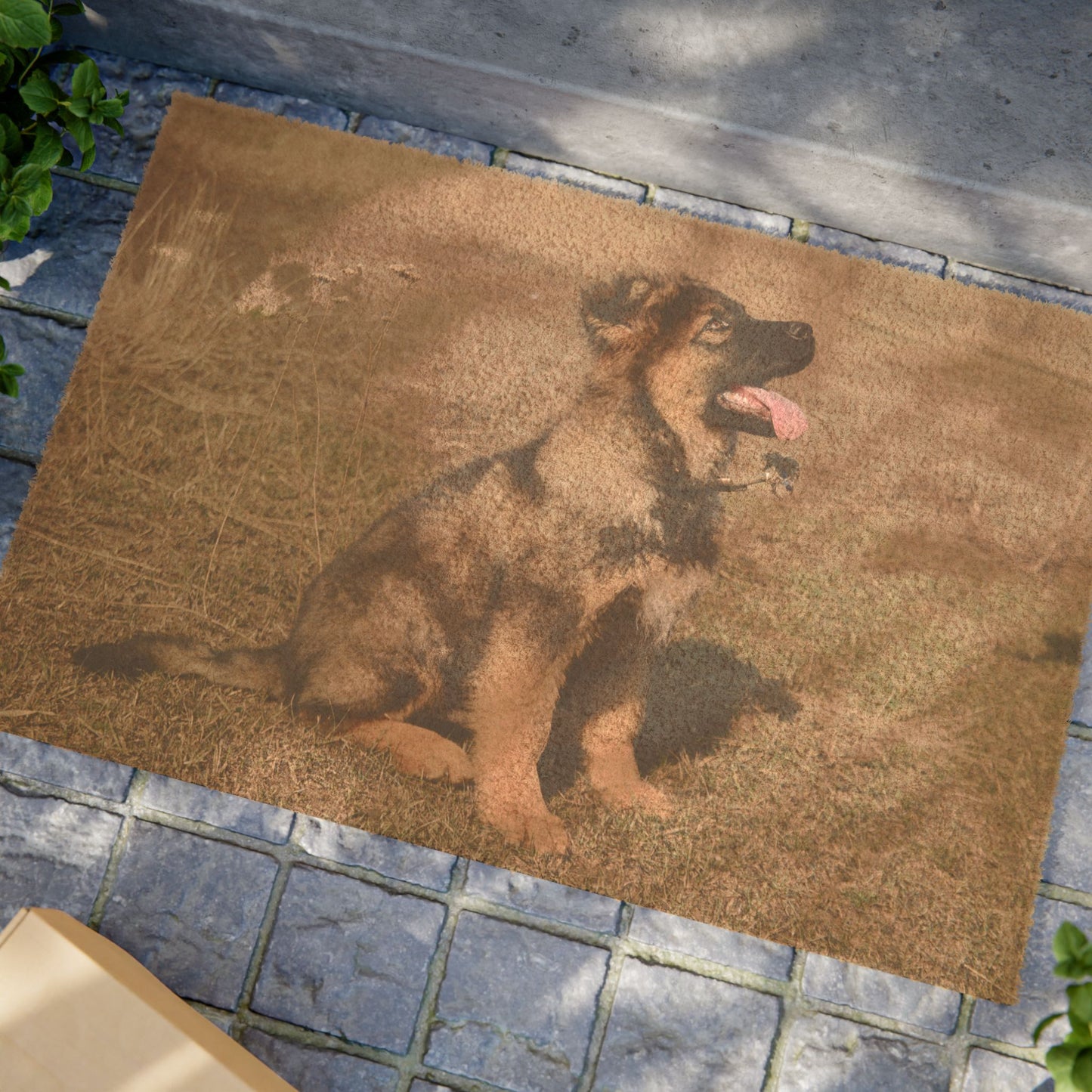 Personalized Pet Welcome Doormat Featuring a Cute Sable German Shepherd Puppy Sloppily Sitting