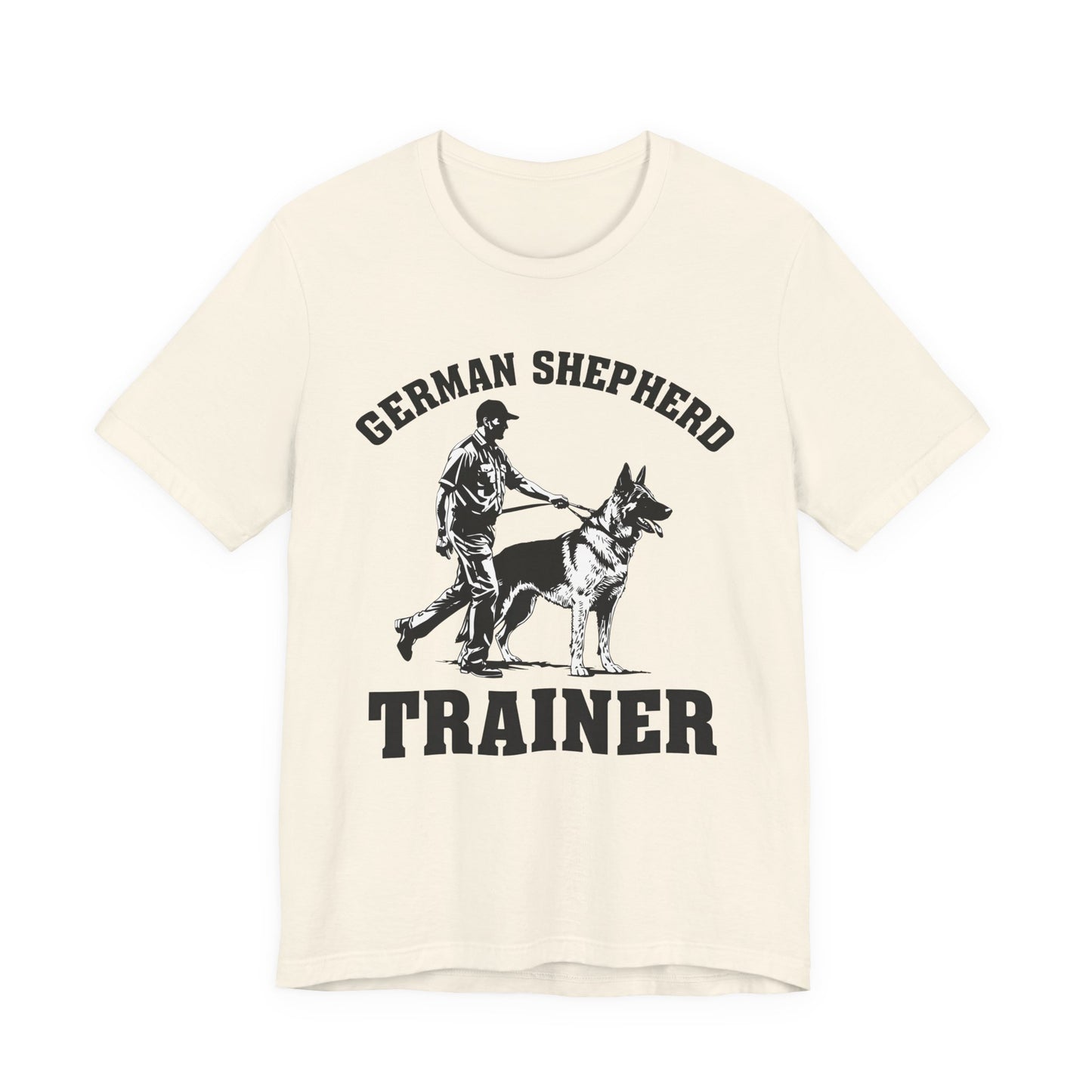 German Shepherd Trainer Tee - Black and White Design of Man Holding a German Shepherd