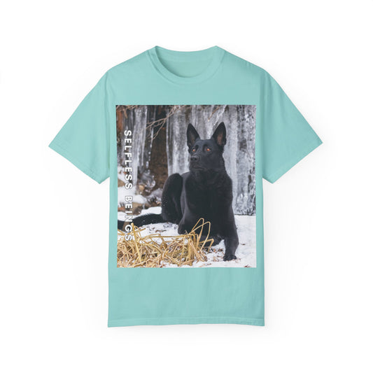 Unisex Dog Lover T-Shirt With Solid Black German Shepherd Sitting on the Snow, Ice Spikes in the Background and Caption Selfless Beings
