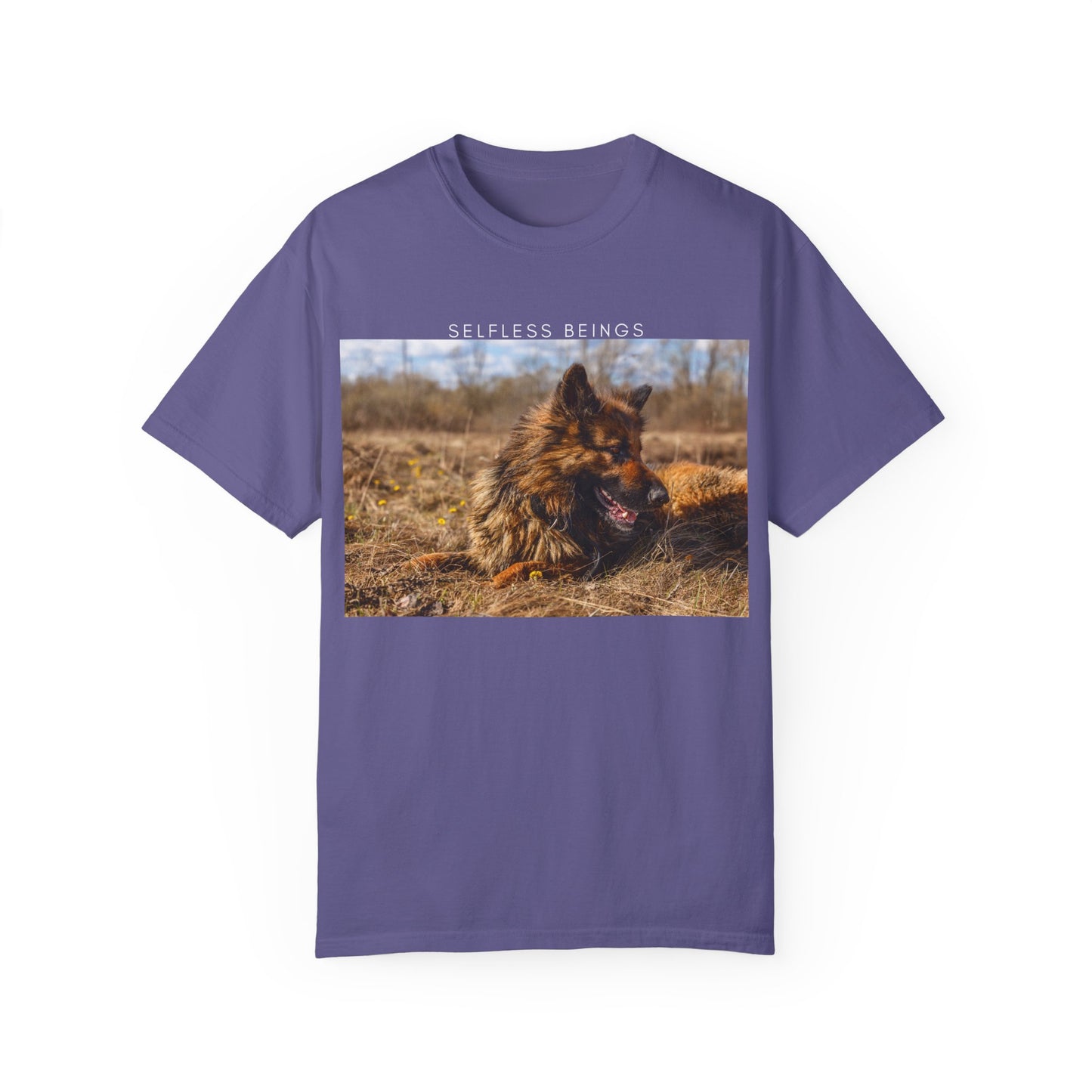 Unisex Dog Lover T-Shirt With a German Shepherd Lying on the Dry Grass in Spring and Caption Selfless Beings