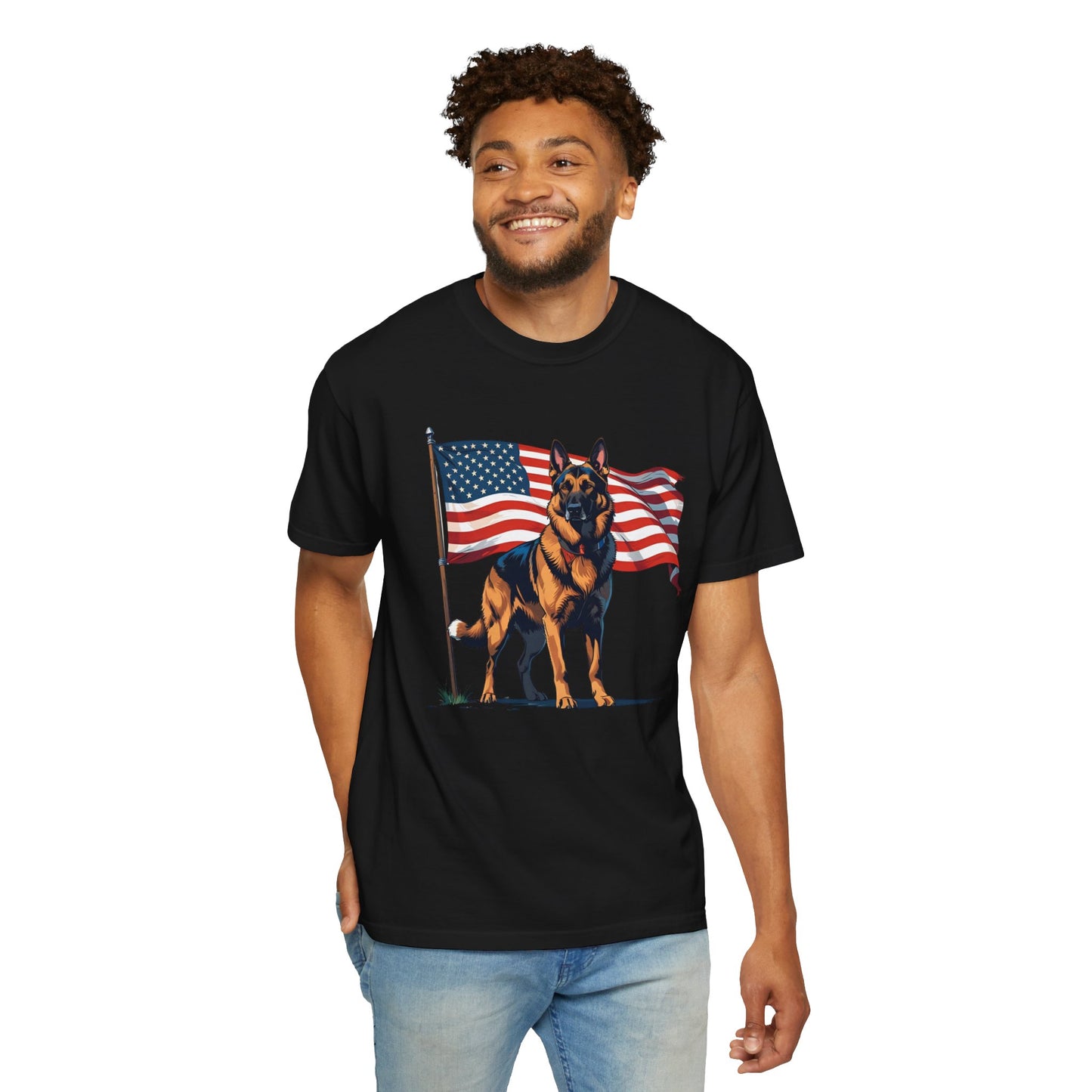 Patriotic German Shepherd Dog T-Shirt, Unisex Garment-Dyed Tee, Dog Lover Gift, US Independence Day Apparel, Casual Wear for Pet Lovers