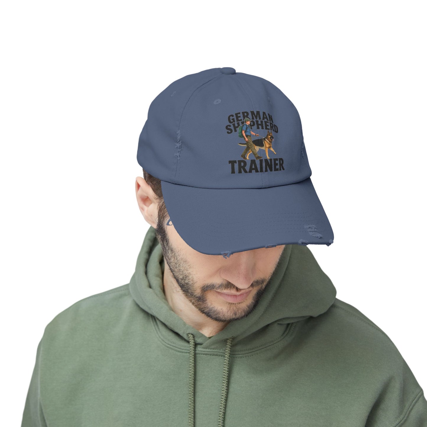Unisex Distressed Cap Featuring a Trainer Leading German Shepherd, Dog Trainer Gift