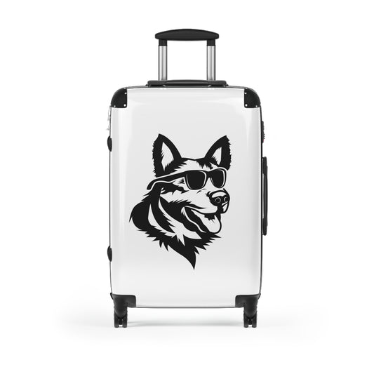 Dog Lovers Suitcase Featuring Graphic of  German Shepherd Wearing Black Glasses
