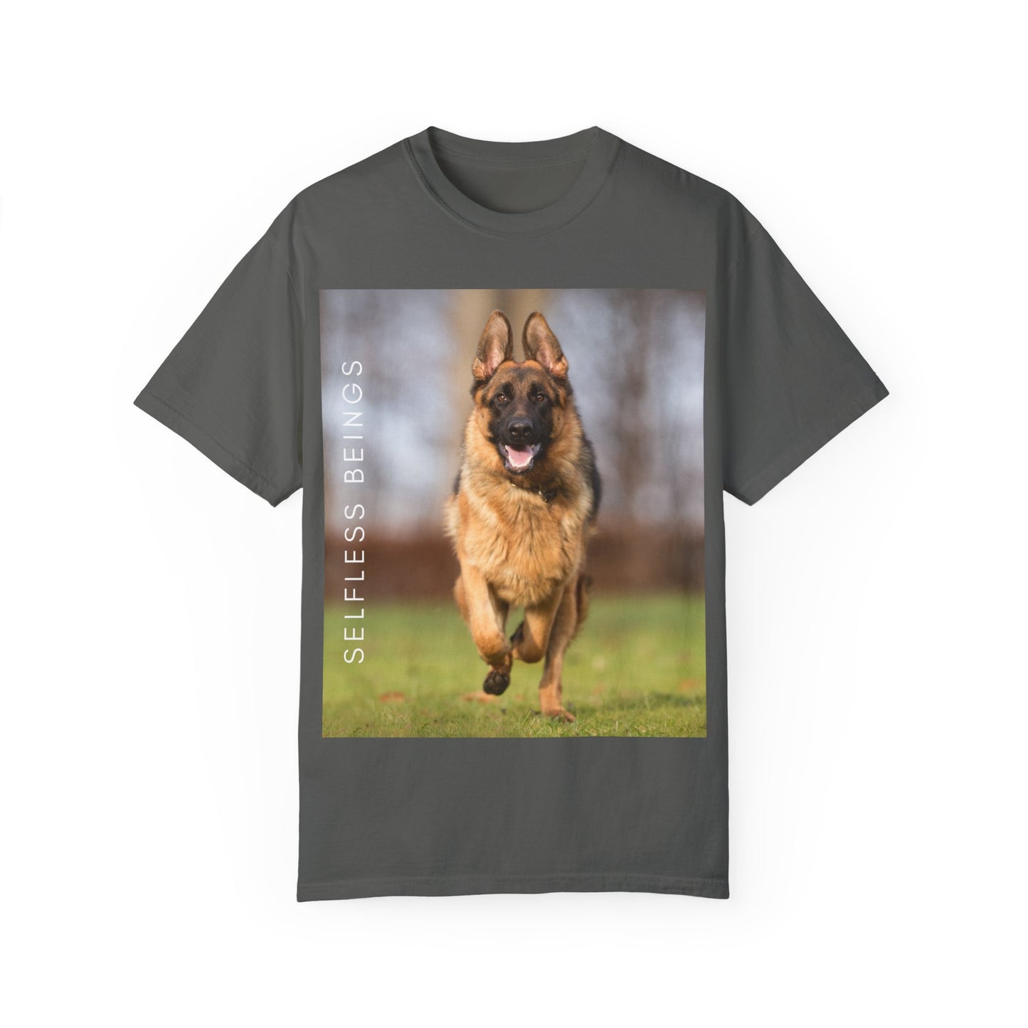 Unisex Dog Lover T-Shirt With Large German Shepherd Running on the Grass and Caption Selfless Beings