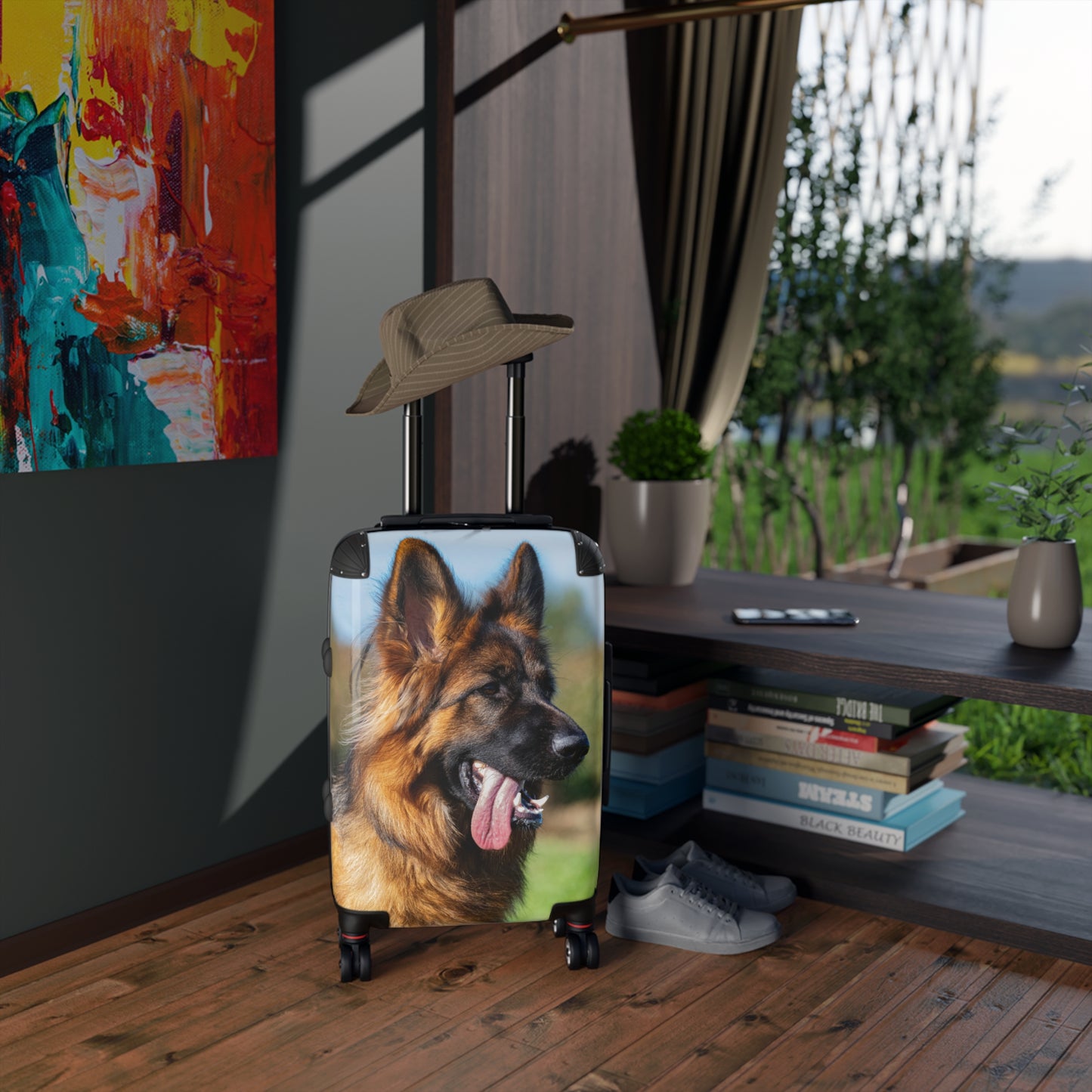 Dog Lover Suitcase Featuring a Long Coat German Shepherd Puppy  With a Hanging Tongue Looking Somewhere