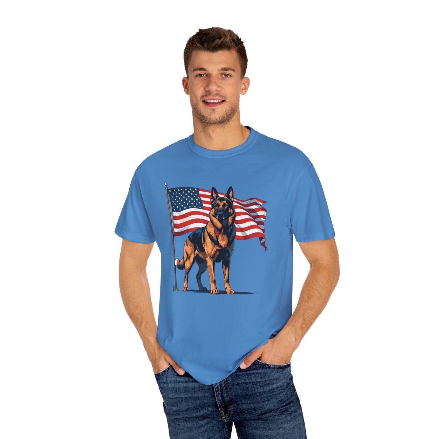 Patriotic German Shepherd Dog T-Shirt, Unisex Garment-Dyed Tee, Dog Lover Gift, US Independence Day Apparel, Casual Wear for Pet Lovers