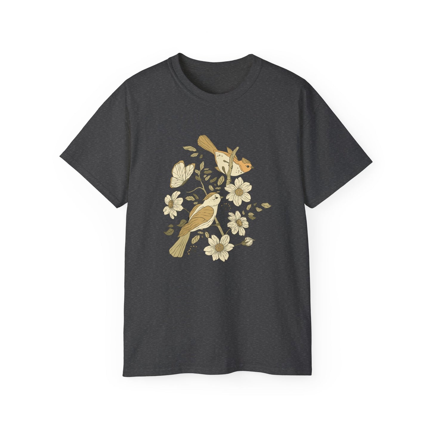 Nature-Inspired Unisex Tee, Floral Bird Print T-Shirt, Gift for Nature Lovers, Spring Fashion, Eco-Friendly Casual Wear