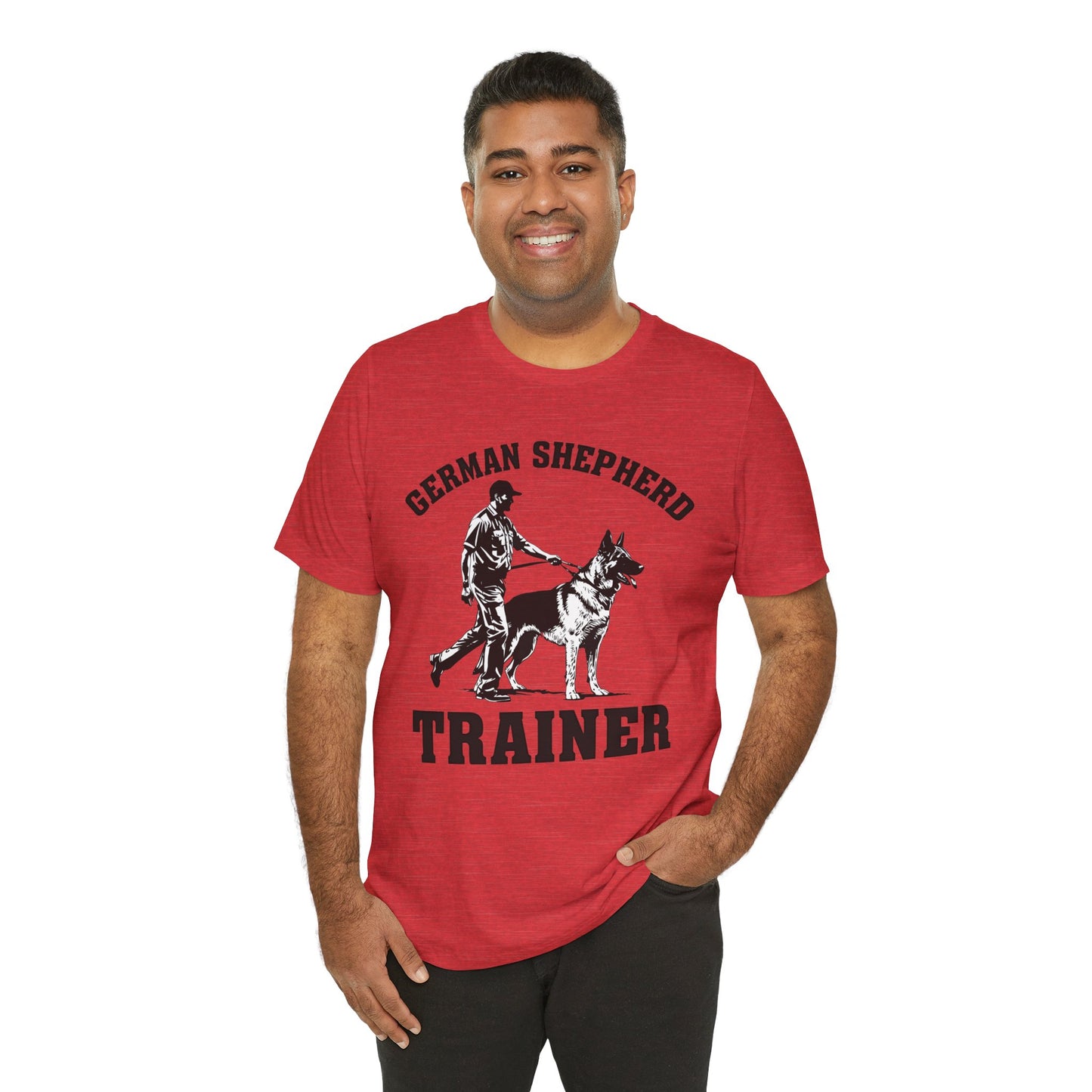 German Shepherd Trainer Tee - Black and White Design of Man Holding a German Shepherd