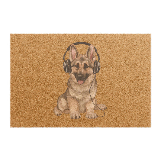 Pet Lover's Welcome Doormat Featuring a Graphic of German Shepherd Listening to Music Wearing Headphones