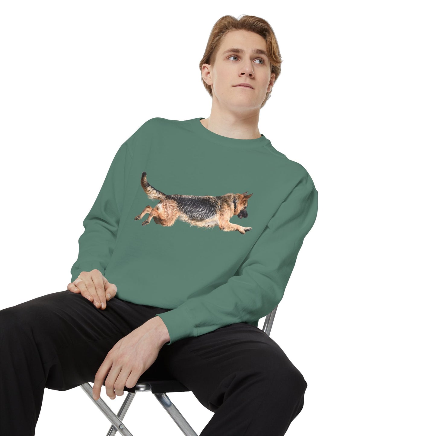 Unisex Dog Lover Sweatshirt With a Wet German Shepherd Jumping in the Air