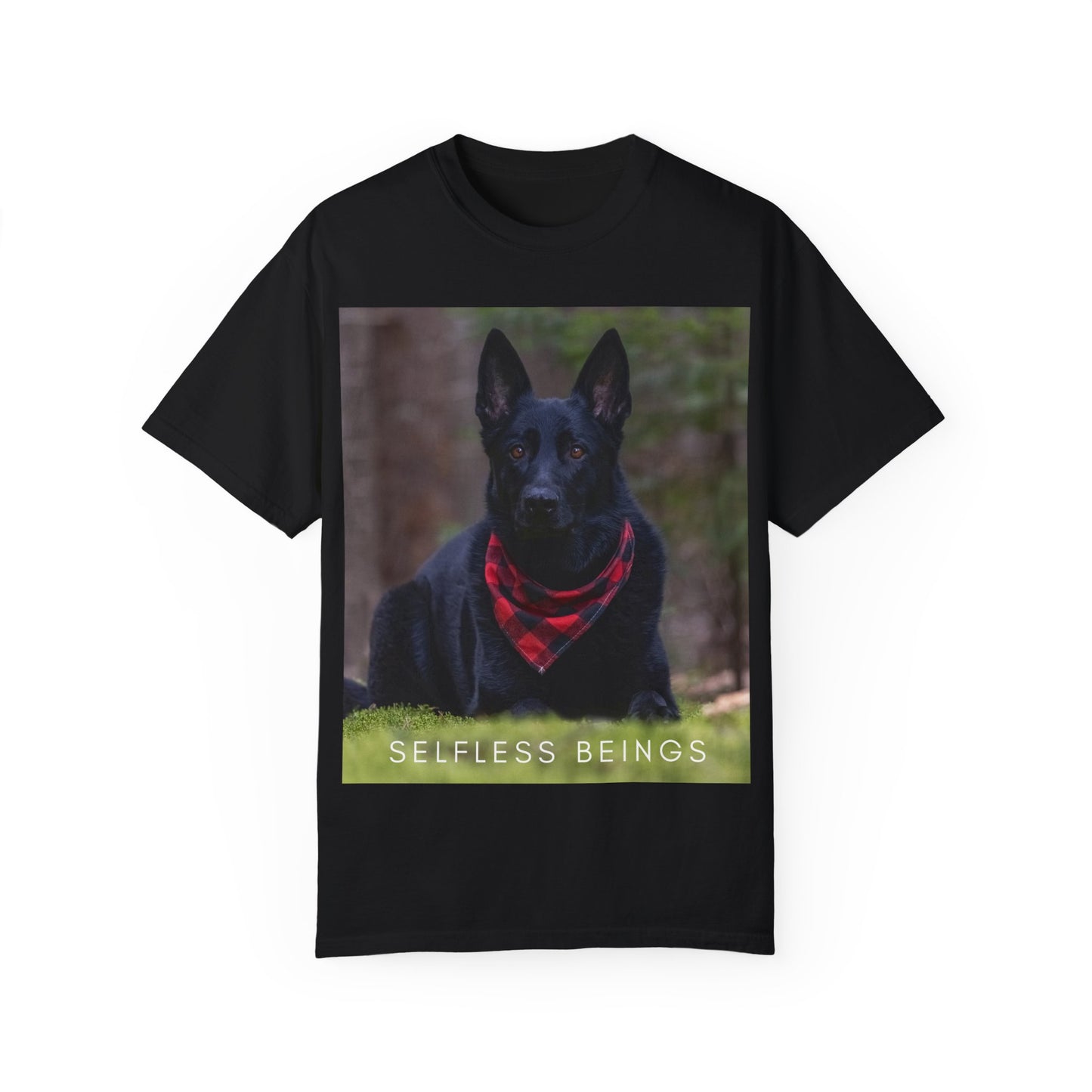 Unisex Dog Lover T-Shirt With a Solid Black German Shepherd Wearing a Red Romal Sitting and Caption Selfless Beings