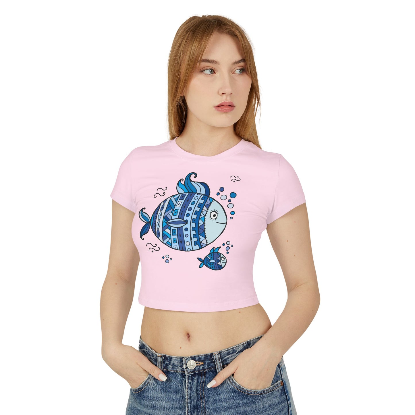 Boho Chic Women's Baby Tee with Blue Fish Design, Cute Summer Top, Fun Gift for Sea Lovers, Aquatic-themed Apparel, Beach Vibes