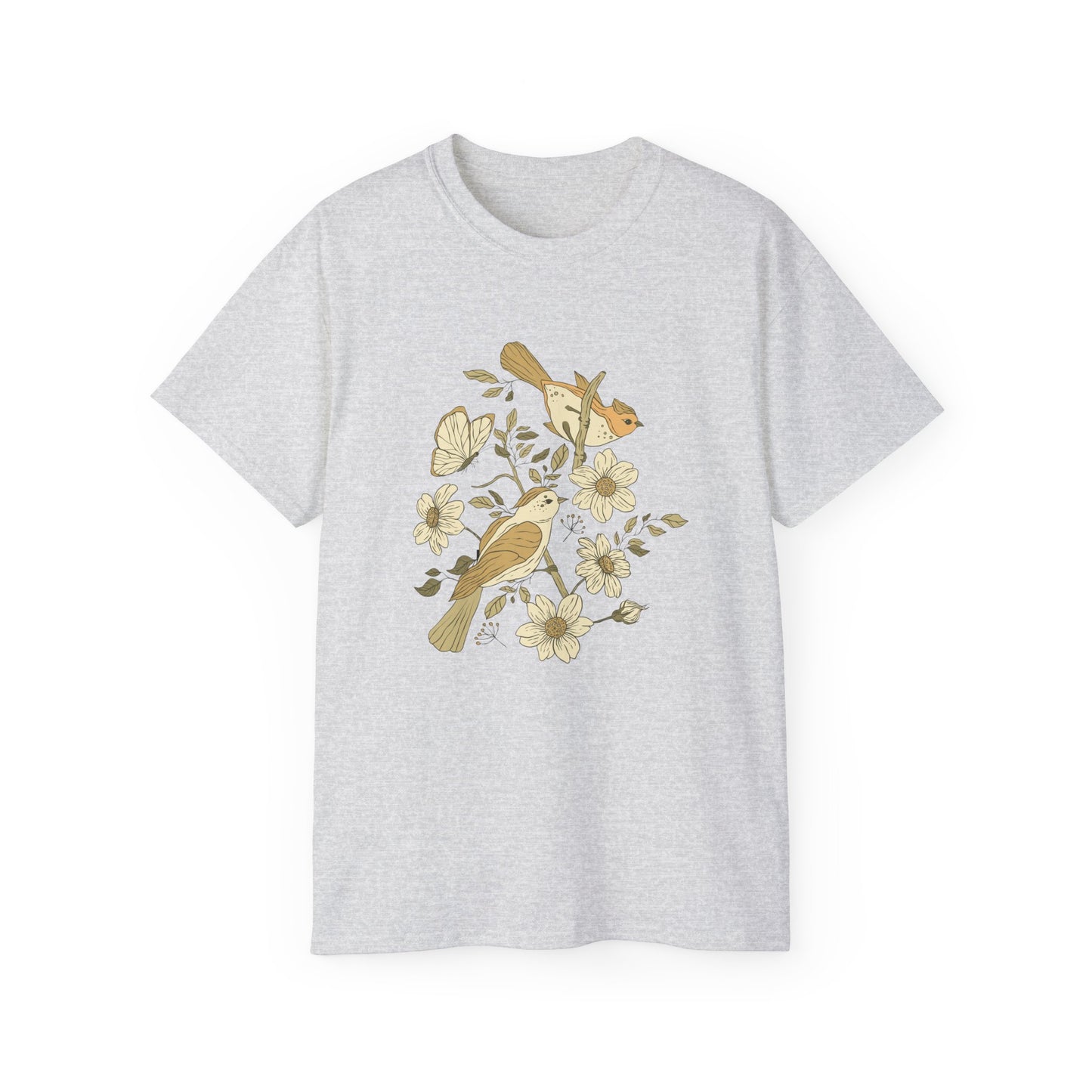 Nature-Inspired Unisex Tee, Floral Bird Print T-Shirt, Gift for Nature Lovers, Spring Fashion, Eco-Friendly Casual Wear