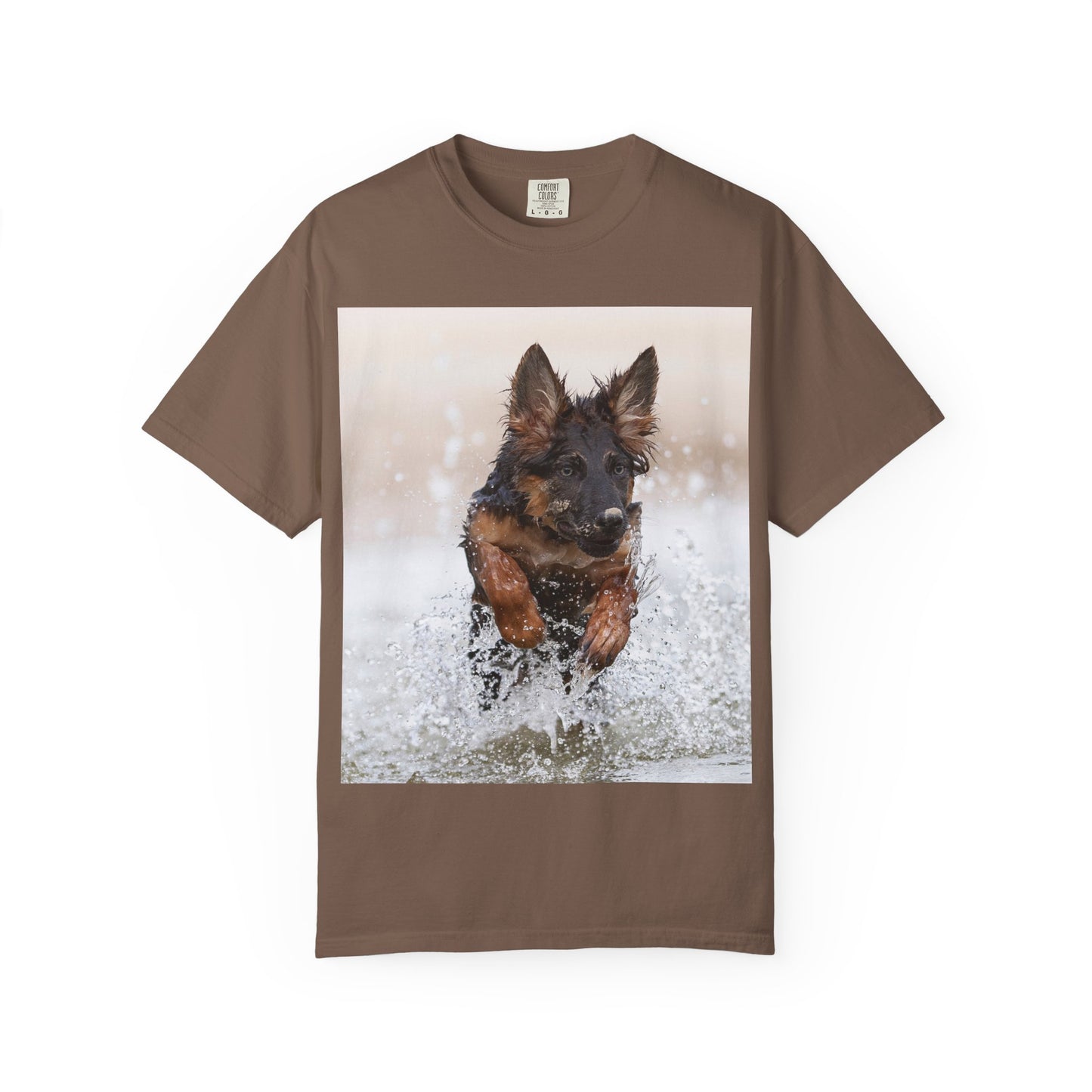 Unisex Dog Lover T-Shirt Featuring a German Shepherd Puppy Jumping In The Water