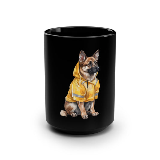 Black Coffee Mug 15oz With a Graphic of German Shepherd Wearing a Yellow Rain Coat