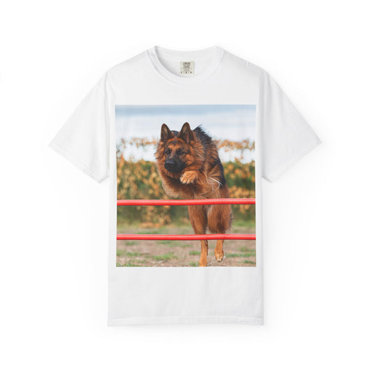 Dog Lover Unisex T-Shirt  Featuring Photograph of Showline German Shepherd Jumping Agility Fence