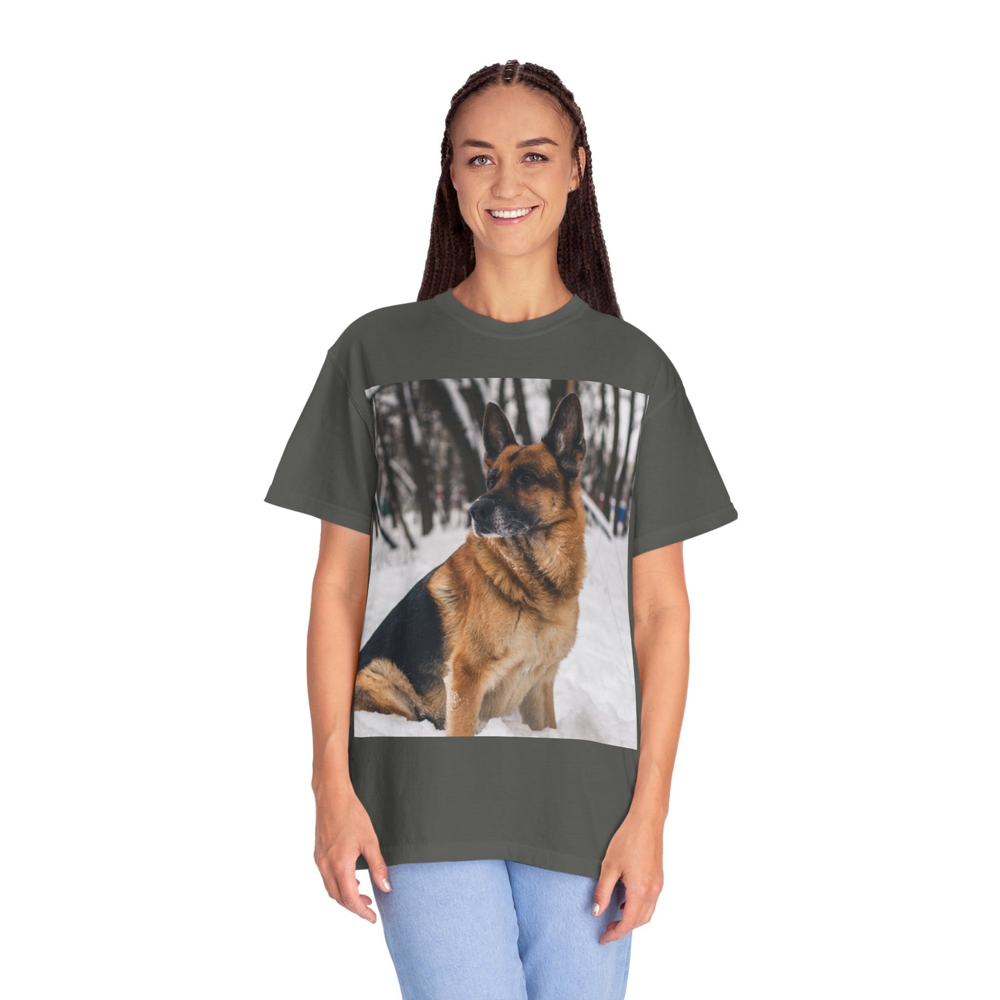 Unisex Dog Lovers T-Shirt Featuring a Beautiful German Shepherd Sloppily Sitting on the Snow