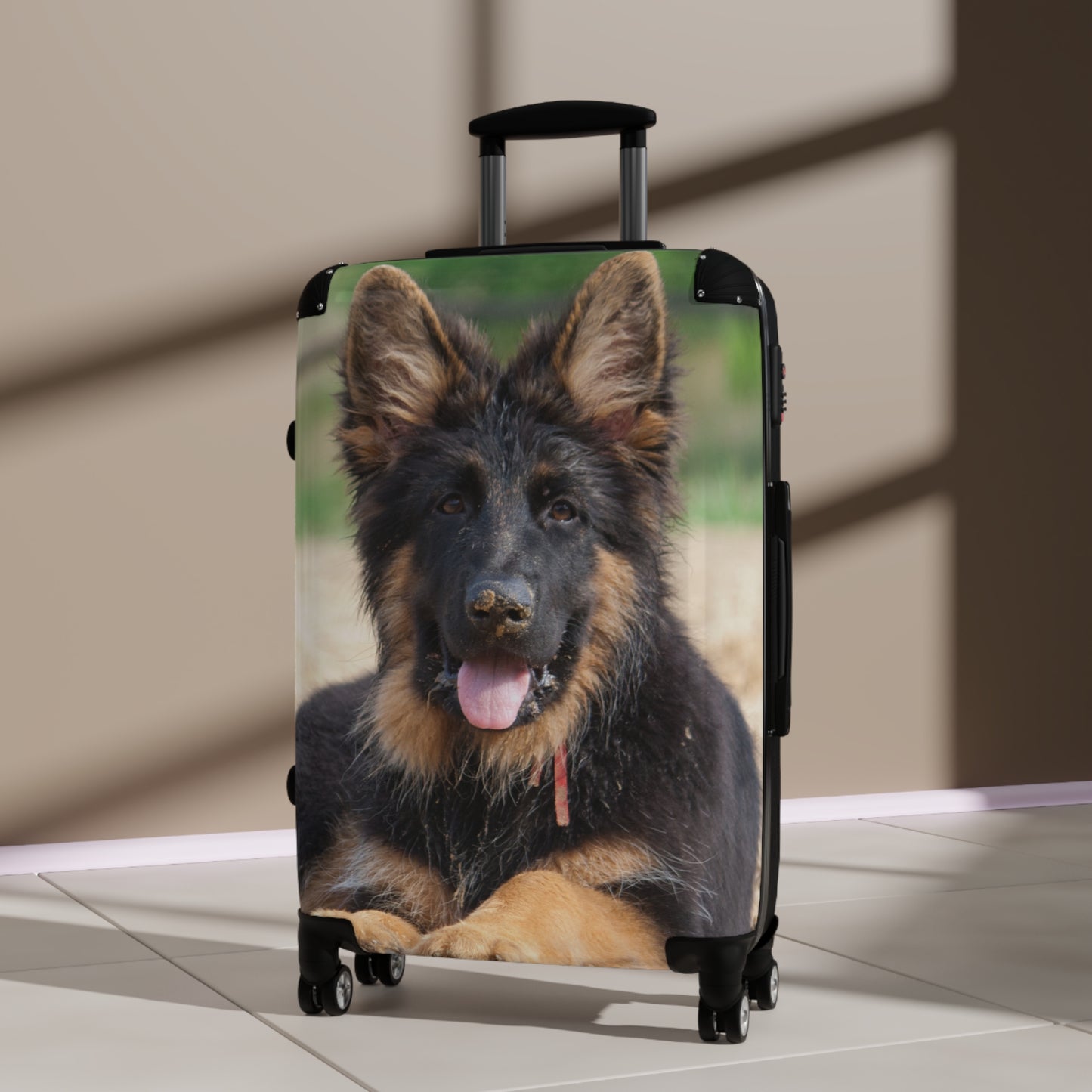 Dog Lover's Travel Suitcase Featuring a a Stunning German Shepherd Puppy Resting on the Sand