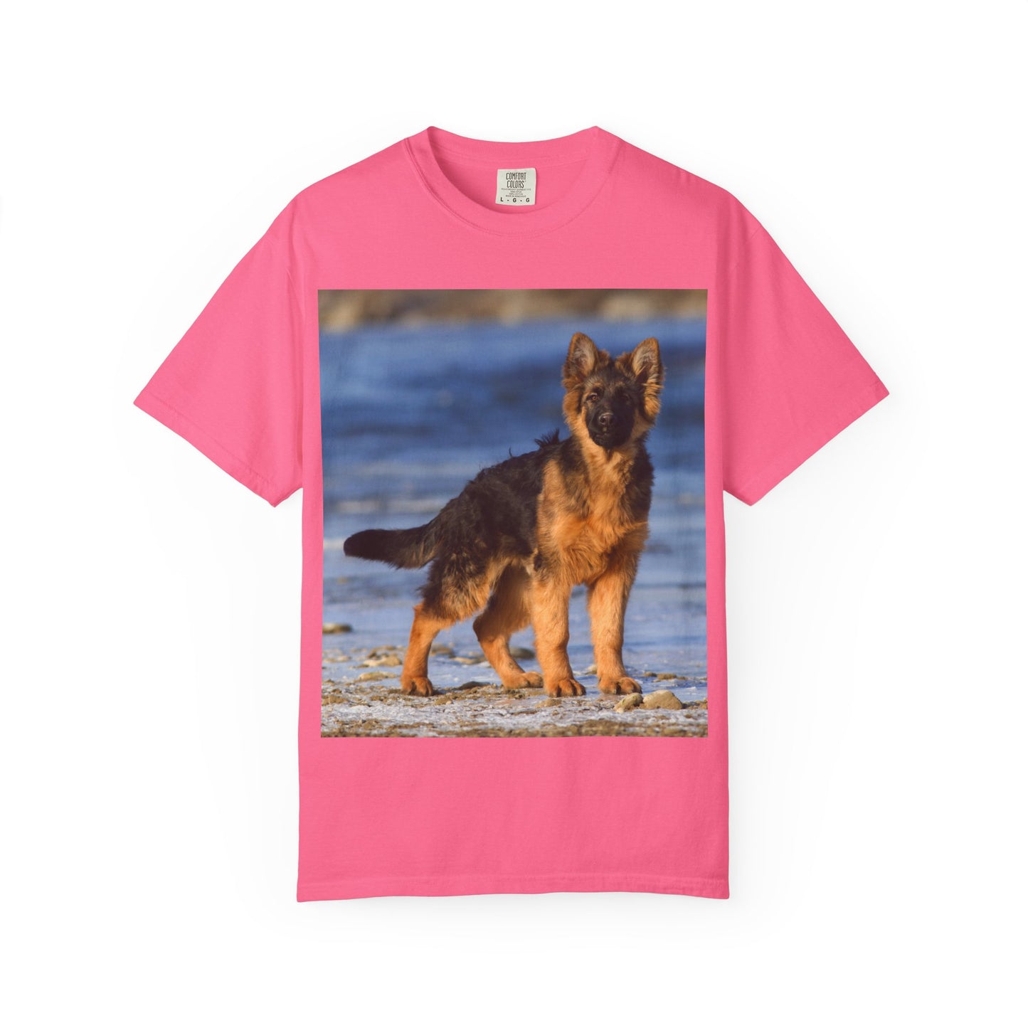 Unisex Dog Lover T-Shirt Featuring Beautiful German Shepherd Puppy Standing at the Sea Shore