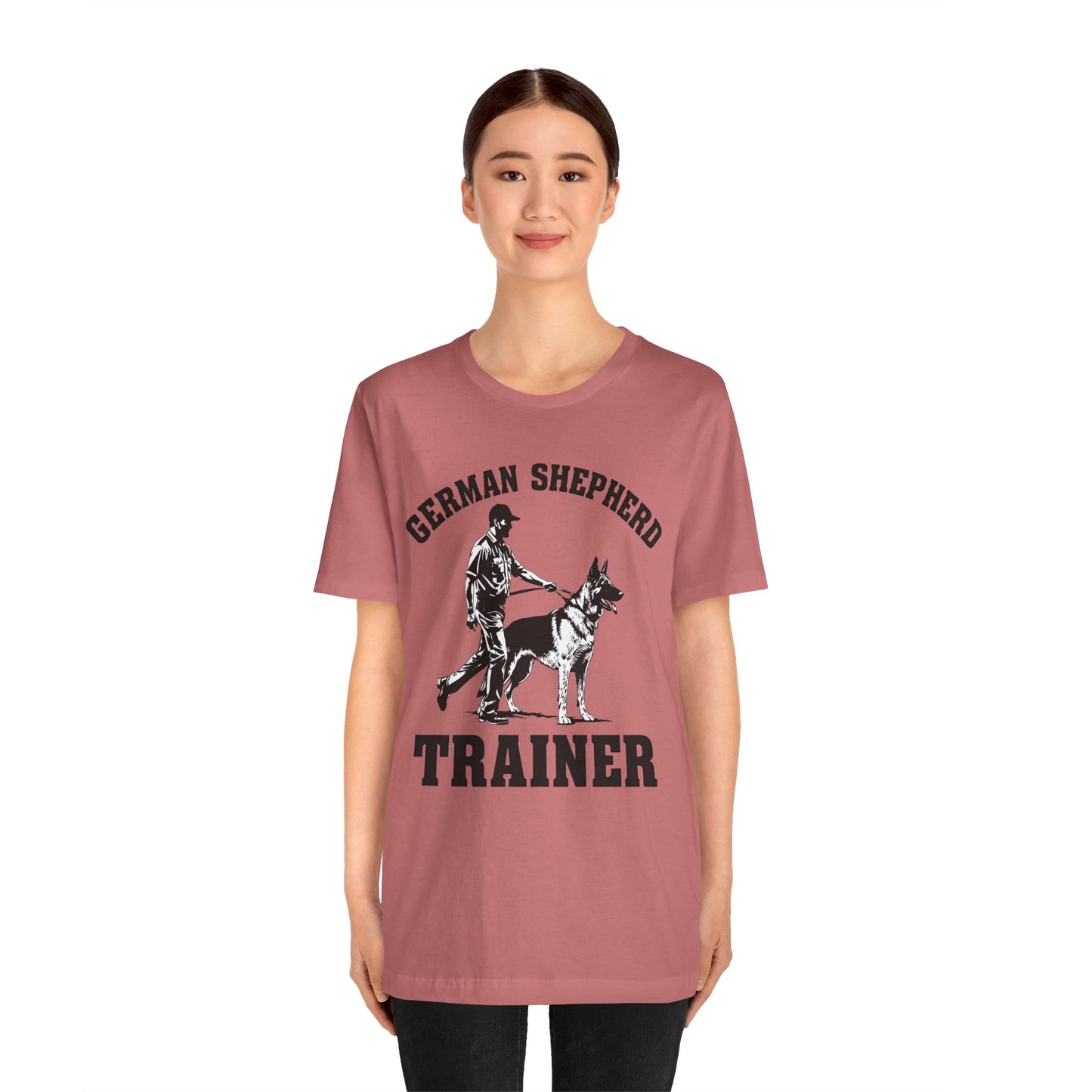 German Shepherd Trainer Tee - Black and White Design of Man Holding a German Shepherd
