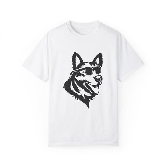 Unisex Dog Lover T-Shirt With a Graphic of Close Up Faced German Shepherd Wearing Black Glasses