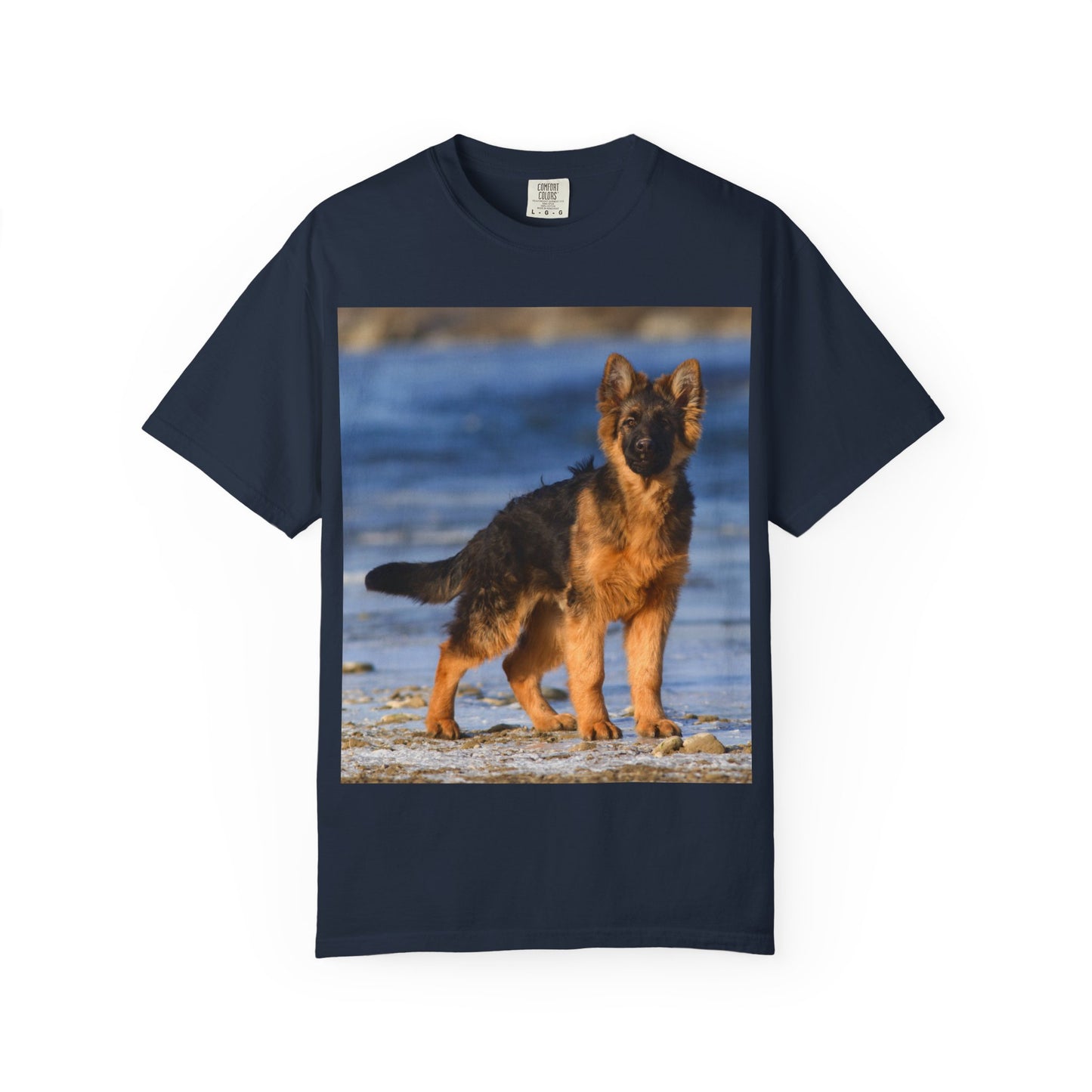 Unisex Dog Lover T-Shirt Featuring Beautiful German Shepherd Puppy Standing at the Sea Shore
