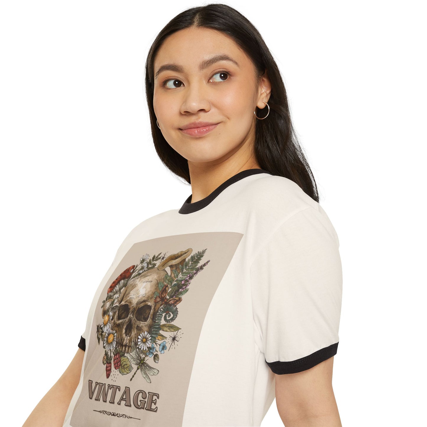 Vintage-Inspired Skull Ringer T-Shirt, Unisex Tee, Boho Style Shirt, Retro Graphic Top, Unique Gift for Halloween, Nature Lovers Apparel