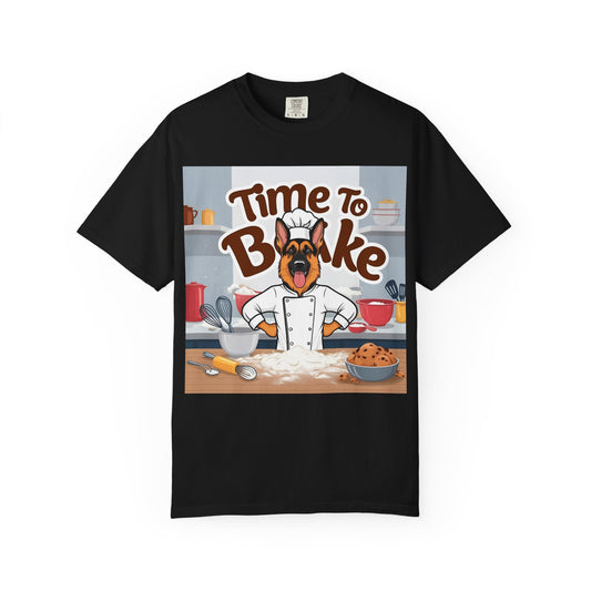 Unisex Dog Lover T-Shirt With Graphic of German Shepherd Wearing Chef Suit and Caption Time To Bake