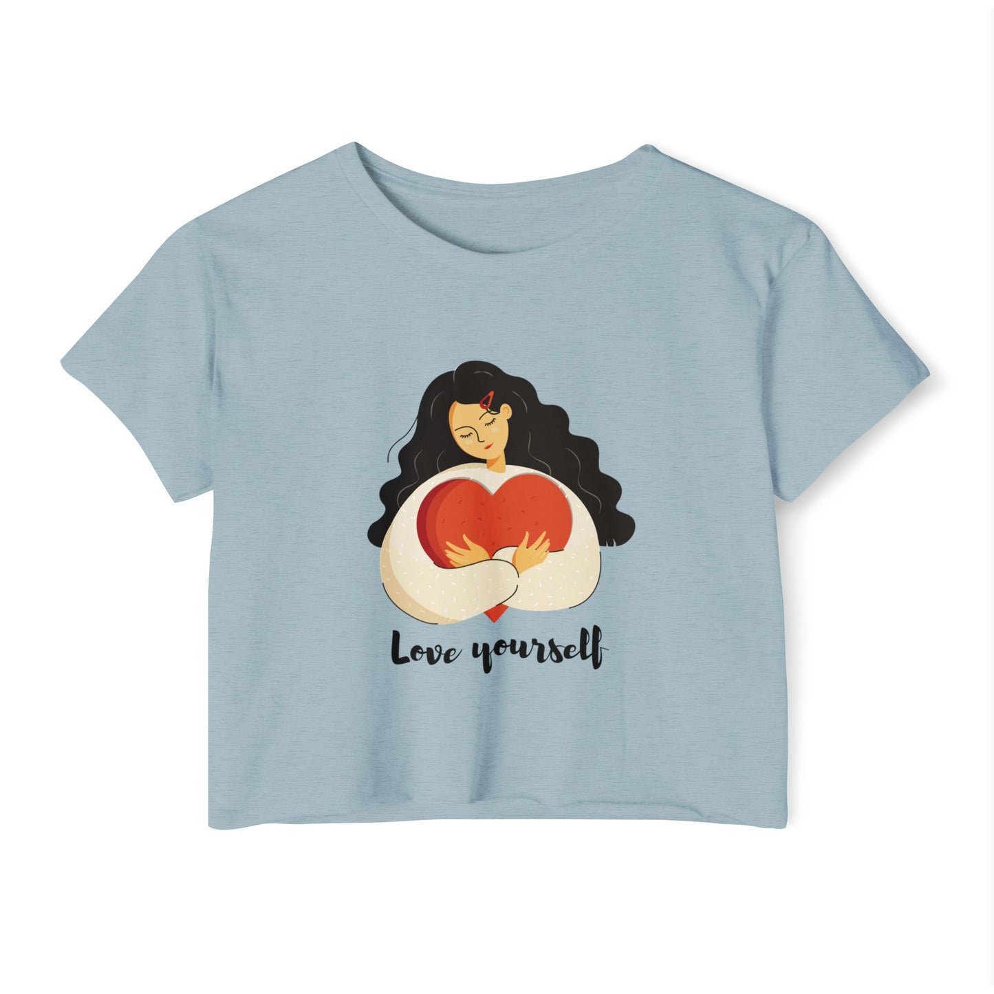 Love Yourself Festival Vibes Crop Top - Girl Holding a Big Heart, Summer Fashion, Boho Style, Women’s Casual Wear, Gift for Her