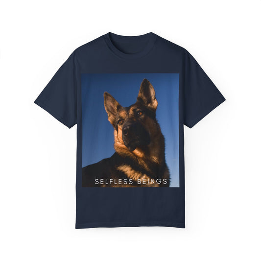Unisex Dog Lover T-shirt With Close Up Portrait of Giant German Shepherd Turning His Head and Caption Selfless Beings