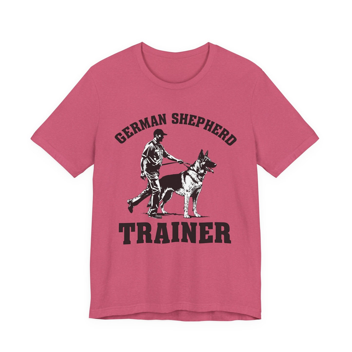 German Shepherd Trainer Tee - Black and White Design of Man Holding a German Shepherd
