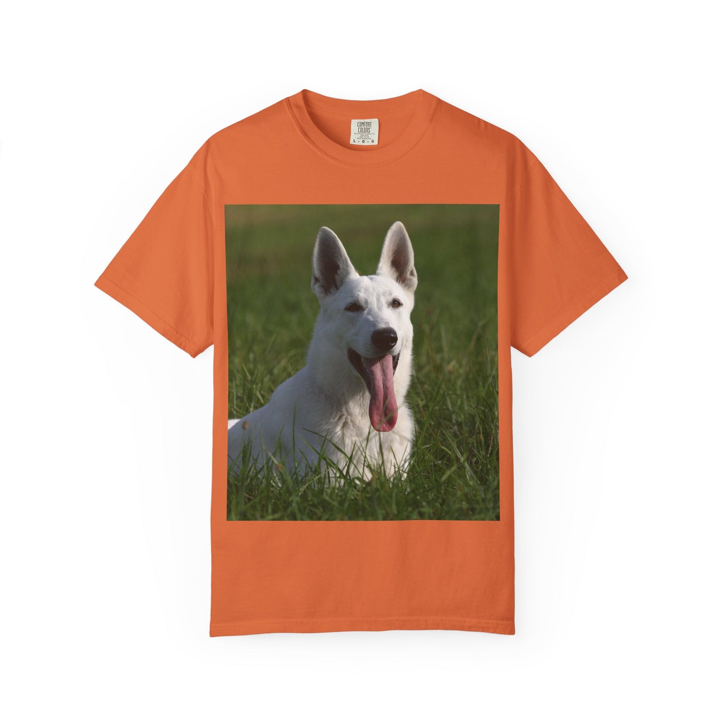 Unisex Dog Lover T-Shirt Featuring White German Shepherd Resting On Green Grass Leaving Tongue Out