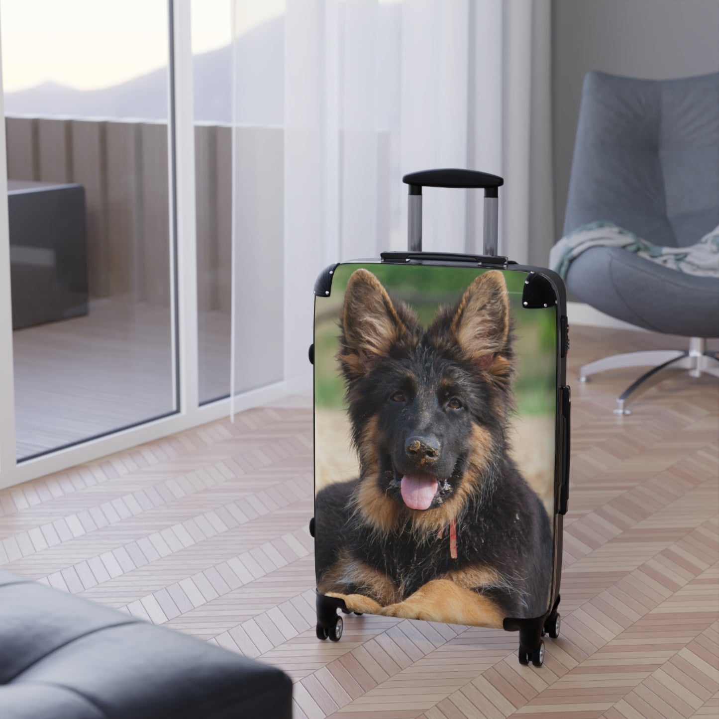 Dog Lover's Travel Suitcase Featuring a a Stunning German Shepherd Puppy Resting on the Sand