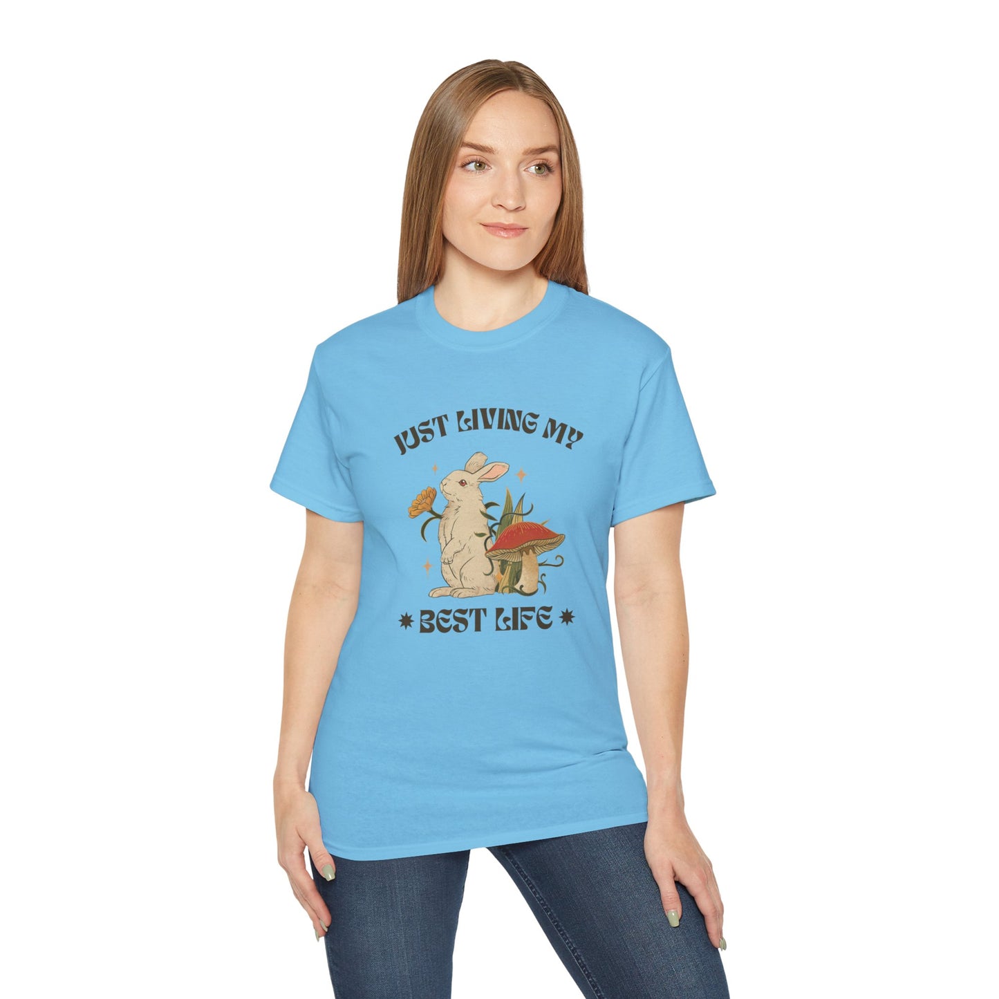 Unisex Ultra Cotton Tee - Just Living My Best Life Bunny Design, Cute Rabbit Shirt, Gift for Animal Lovers, Spring Fashion