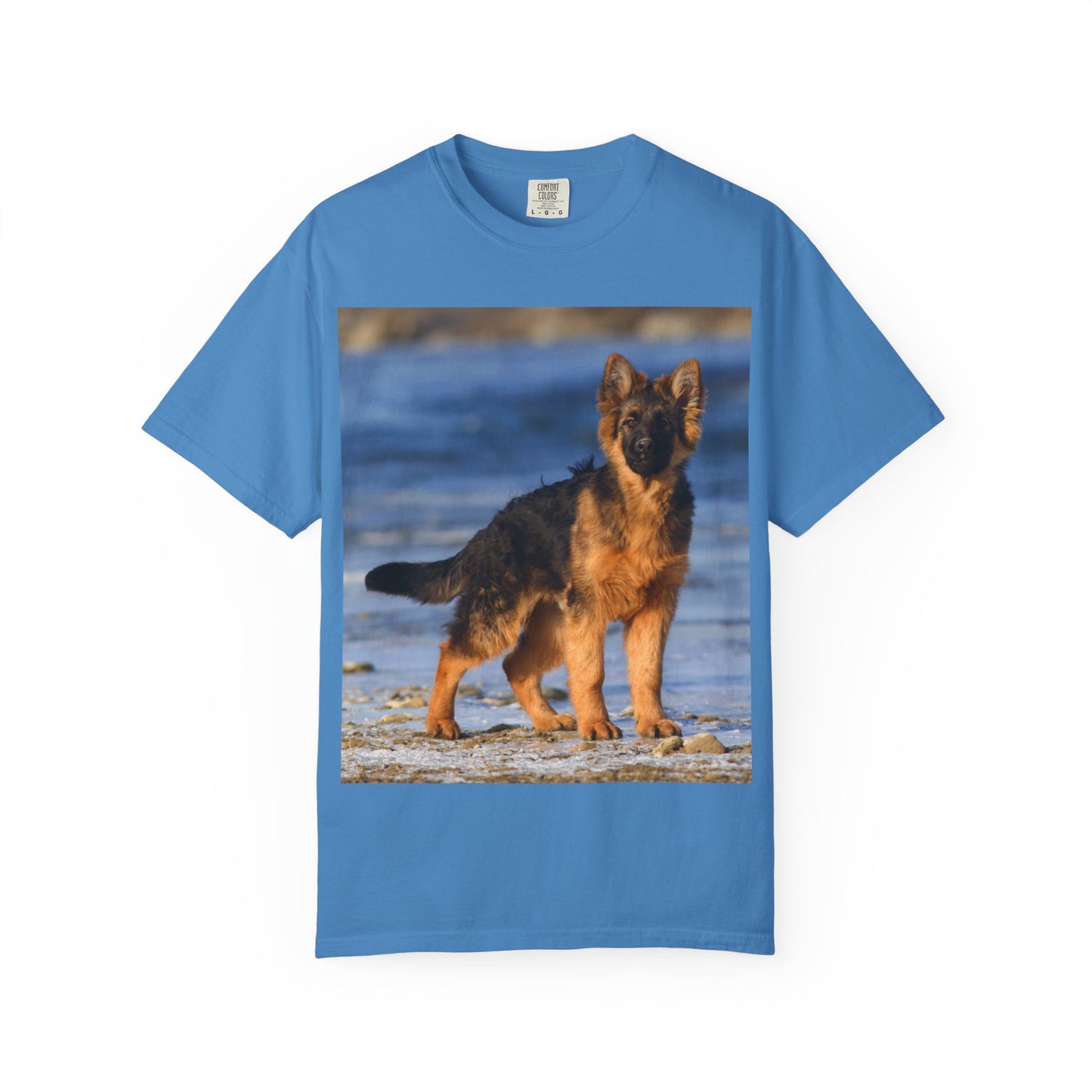 Unisex Dog Lover T-Shirt Featuring Beautiful German Shepherd Puppy Standing at the Sea Shore