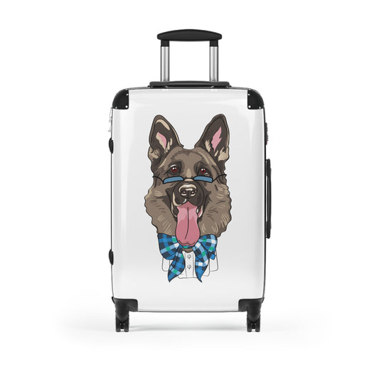 Stylish Pet-Lover Suitcase - Funny German Shepherd Wearing Blue Glasses and Bow Tie Leaving Tongue Out