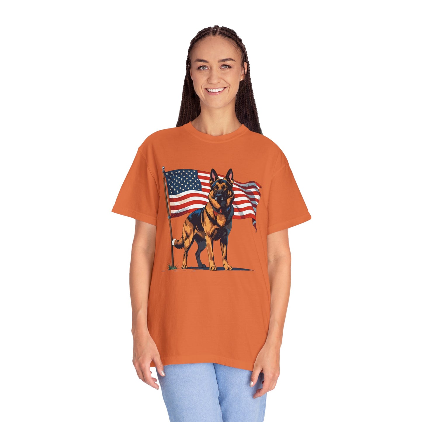 Patriotic German Shepherd Dog T-Shirt, Unisex Garment-Dyed Tee, Dog Lover Gift, US Independence Day Apparel, Casual Wear for Pet Lovers