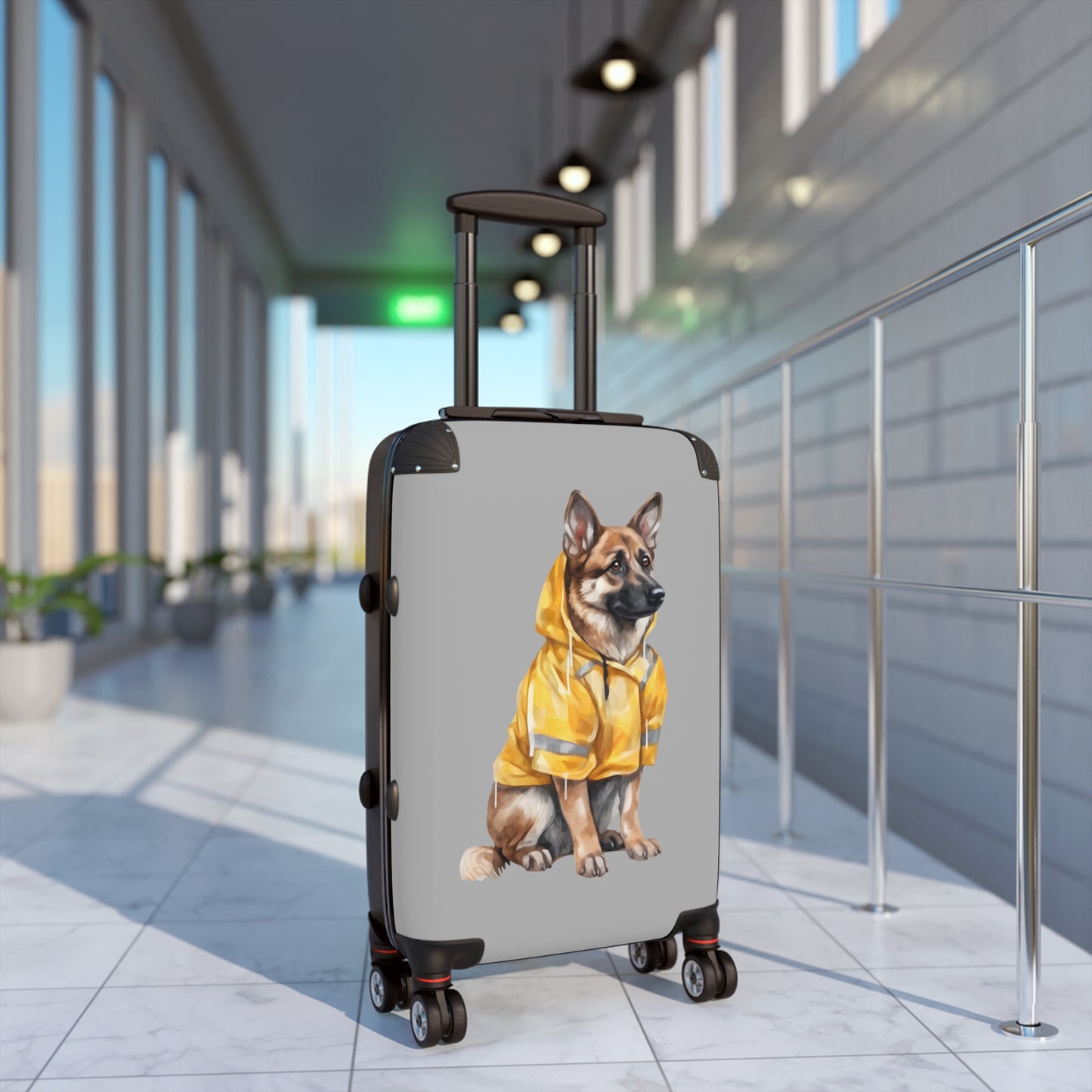 Dog Lovers Suitcase Featuring a German Shepherd Wearing a Yellow Rain Coat