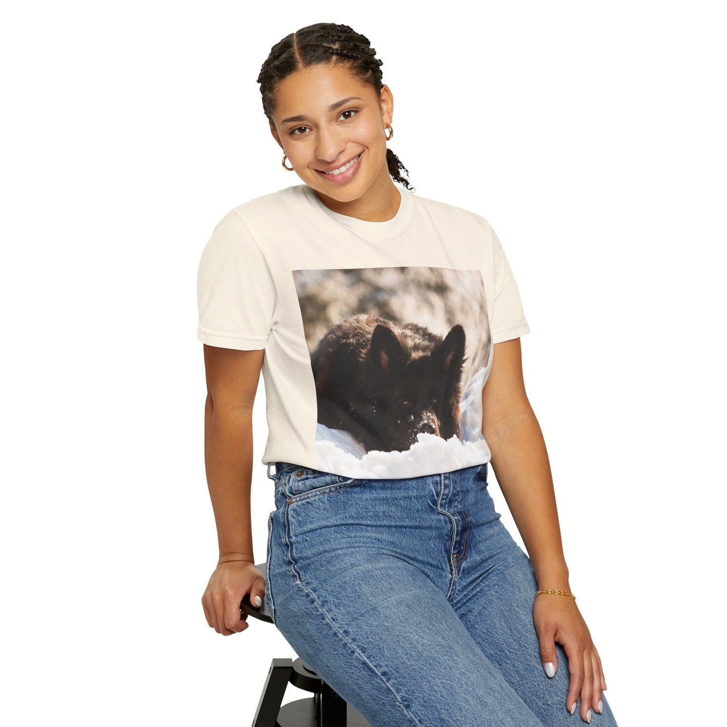 Unisex Dog Lover T-Shirt Featuring a Giant Black German Shepherd Resting on the Snow