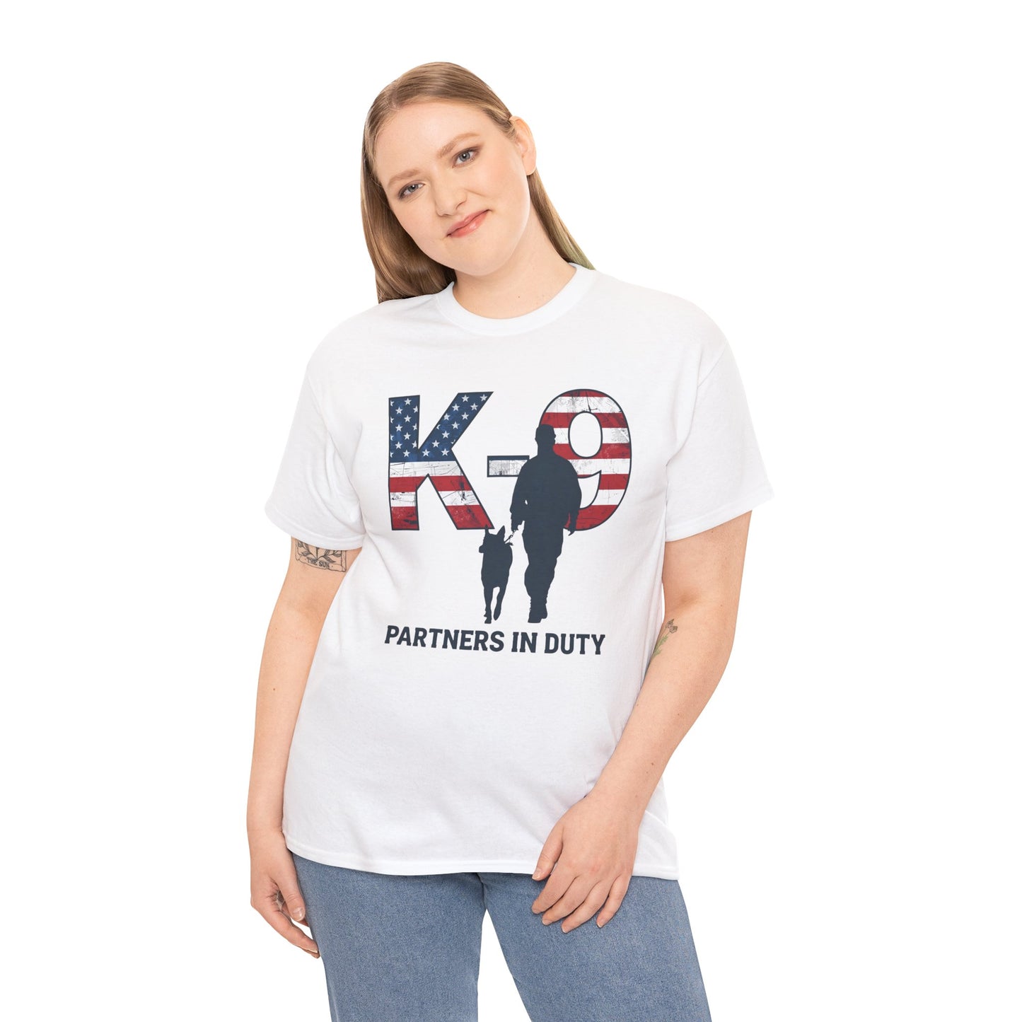 Patriotic K-9 T-Shirt - Partners in Duty Tee | Unisex Heavy Cotton Tee for Dog Lovers, Military Support, Gifts for Dog Handlers