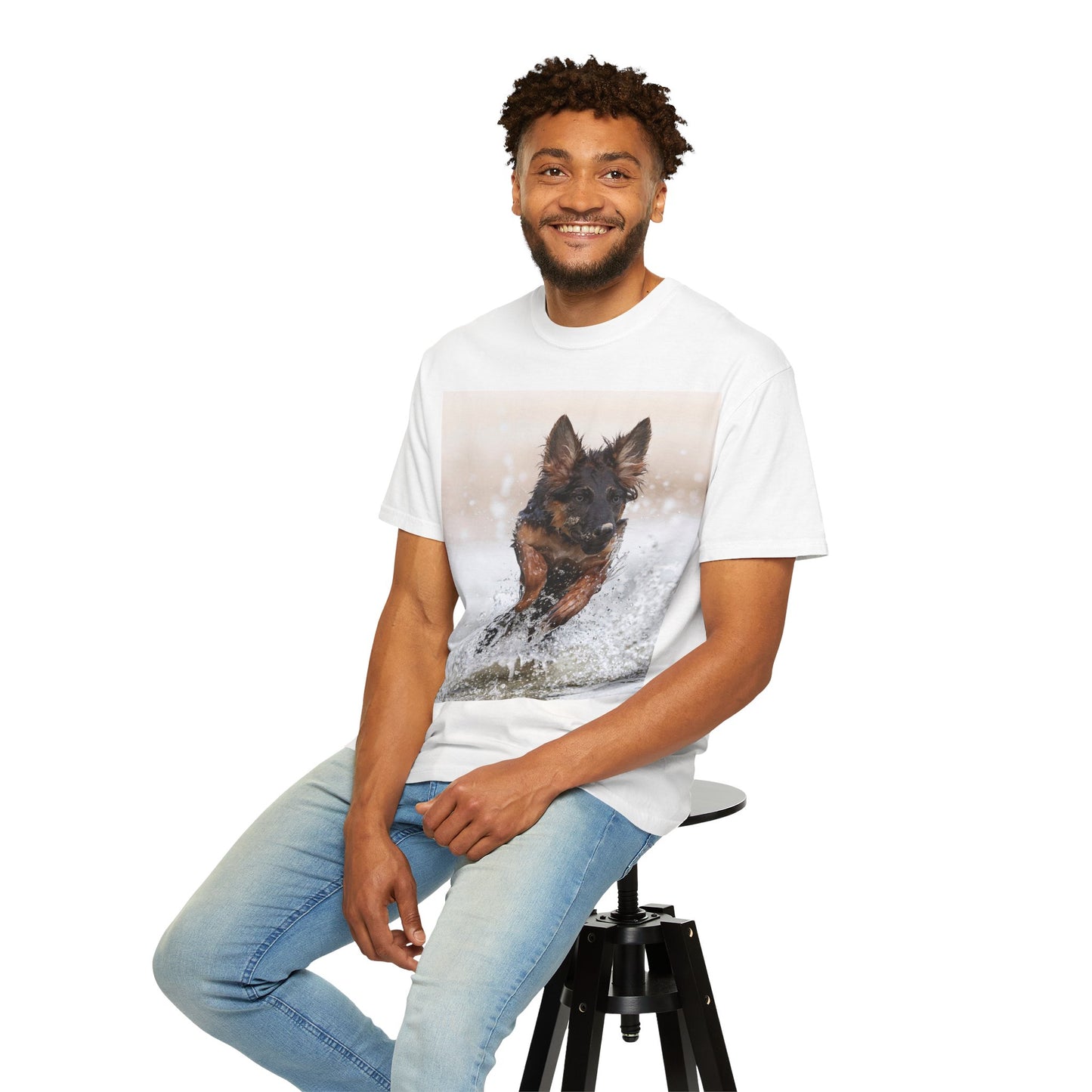 Unisex Dog Lover T-Shirt Featuring a German Shepherd Puppy Jumping In The Water