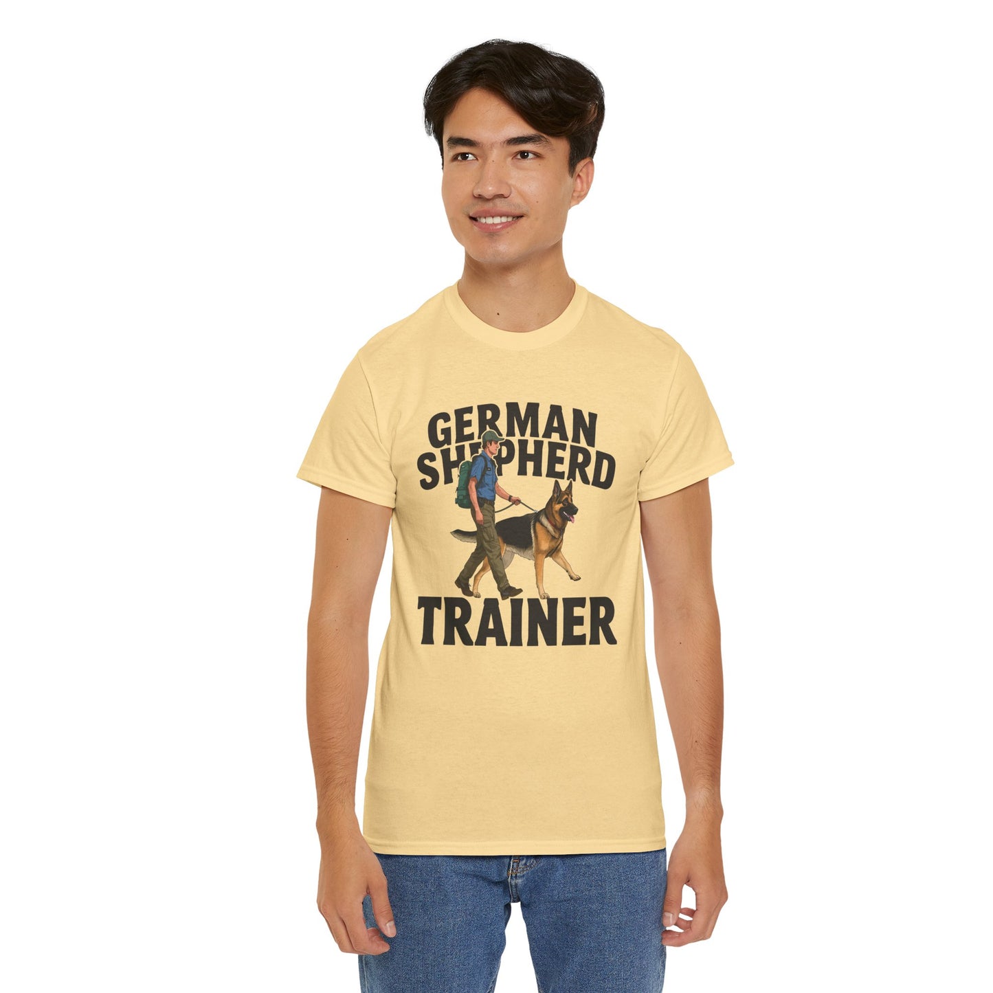 German Shepherd Trainer Tee - Man Holding a German Shepherd | Dog Lover Gift