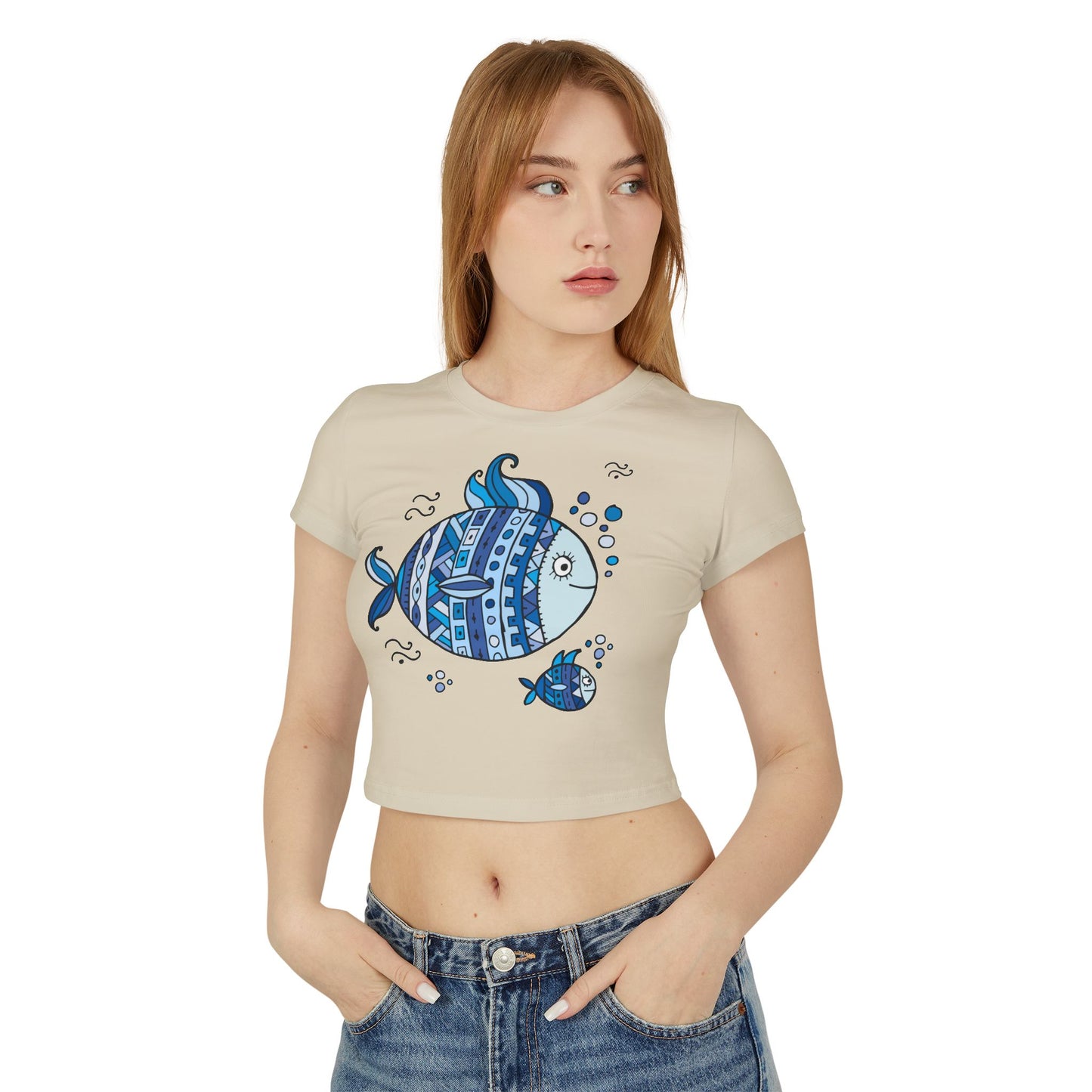 Boho Chic Women's Baby Tee with Blue Fish Design, Cute Summer Top, Fun Gift for Sea Lovers, Aquatic-themed Apparel, Beach Vibes