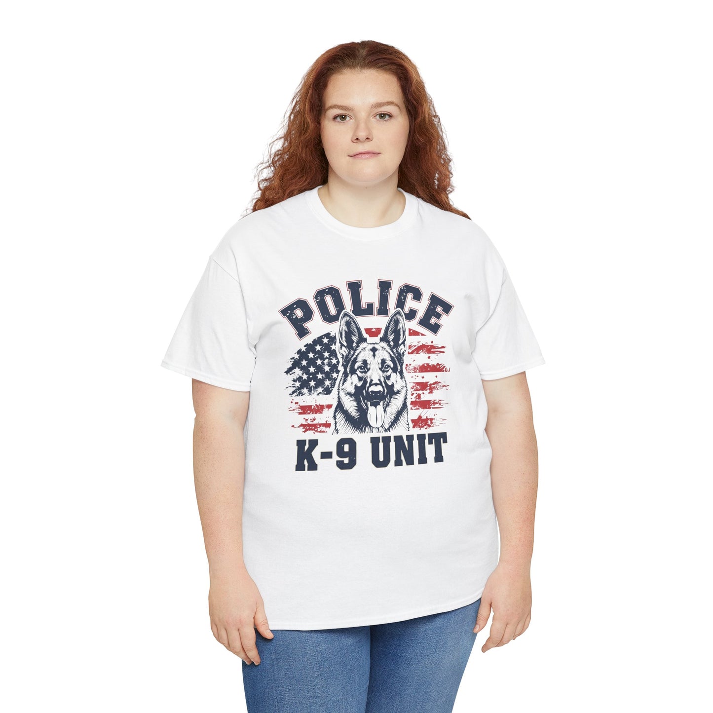 Patriotic Police K-9 Unit T-Shirt With American Flag in Background, Unisex Heavy Cotton Tee