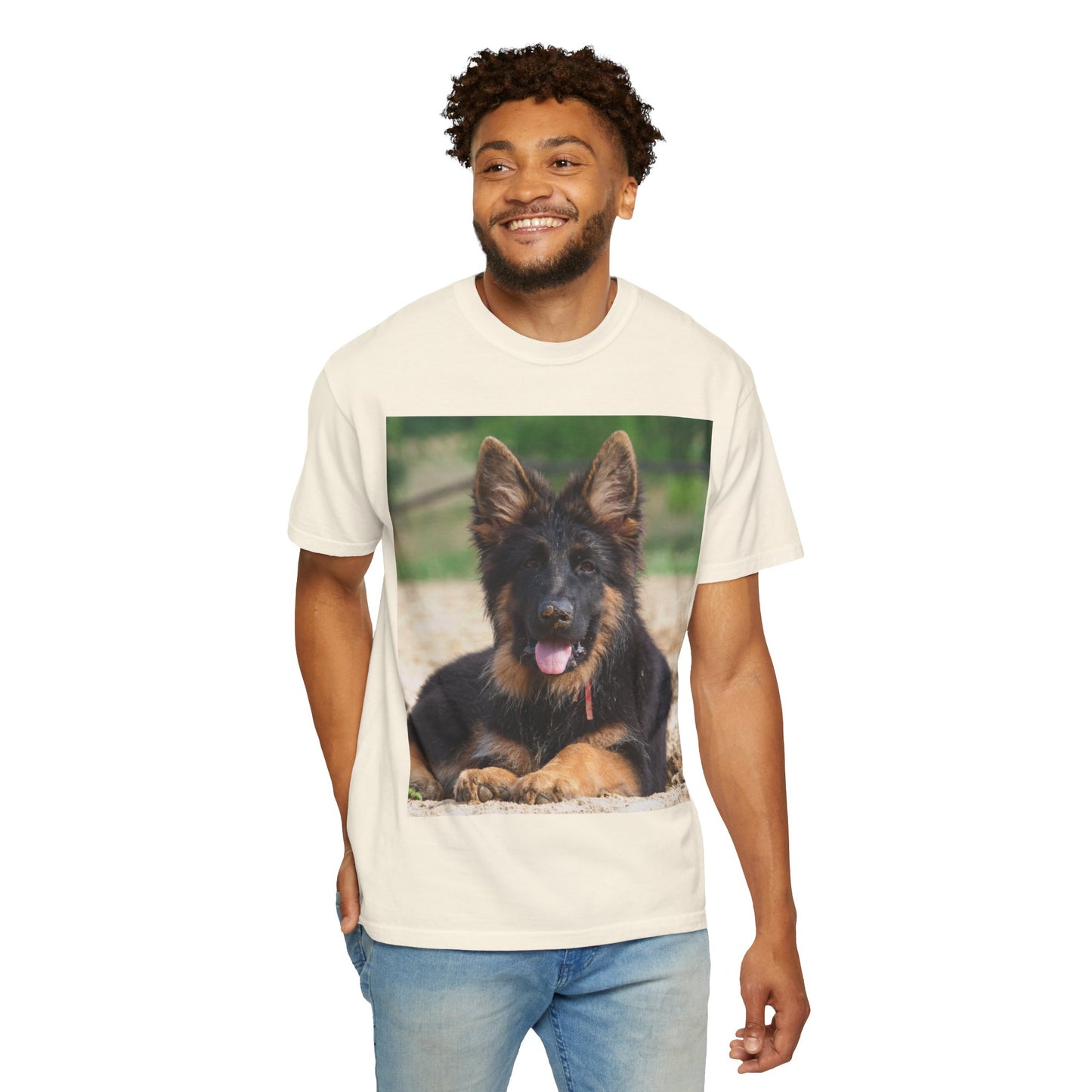 Unisex Dog Lover T-Shirt Featuring Photo of Stunning German Shepherd Puppy Resting on the Sand