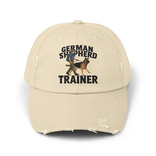 Unisex Distressed Cap Featuring a Trainer Leading German Shepherd, Dog Trainer Gift