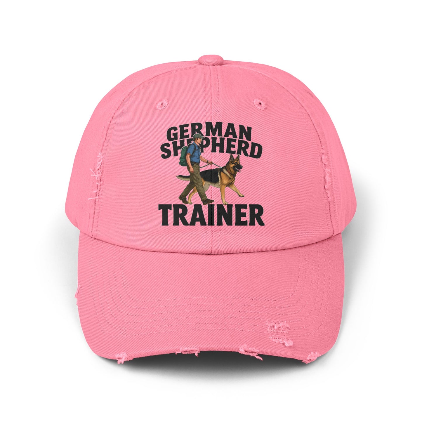 Unisex Distressed Cap Featuring a Trainer Leading German Shepherd, Dog Trainer Gift